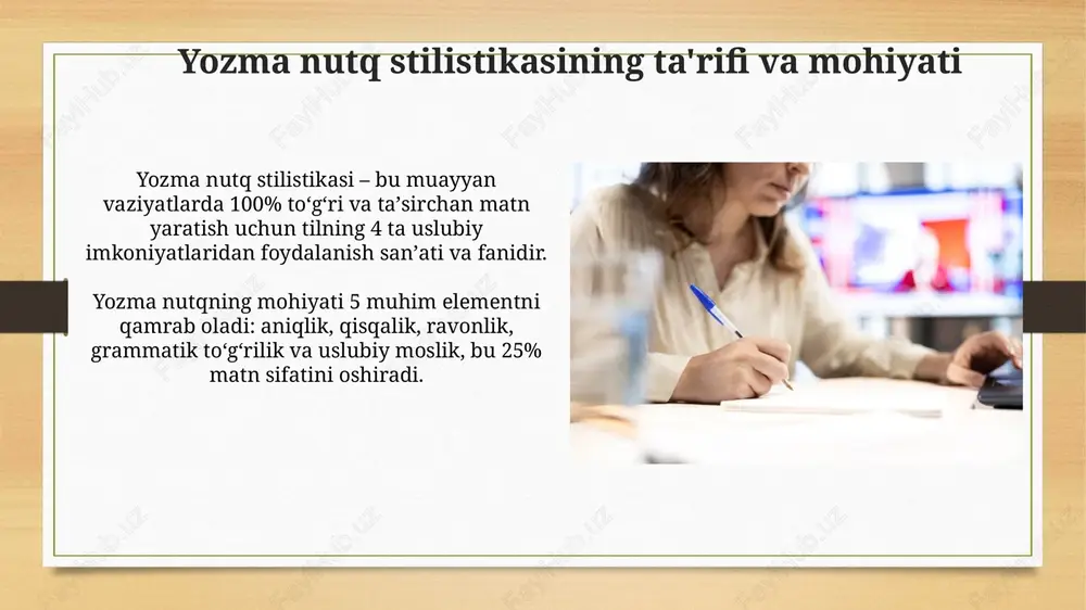 jatlarni yaratish va tahrir qilish ilmiy hujjatlarda aniqlik muhim. faktlar 100% tasdiqlangan bo'lishi, shubha tug'dirmasligi kerak. ko'p ma'noli so'zlar va taxminlardan qochish zarur. ilmiy uslubda terminlar aniq belgilanishi lozim. har bir termin bir xil ma'noda qo'llanilishi shart, sinonimlardan foydalanish maqsadga muvofiq emas. zamonaviy tendentsiyalar va texnologiyalarning yozma nutqqa ta'siri sun'iy intellekt vositalari, masalan, gpt-3, matnlarni avtomatik yaratish va tahrir qilish imkoniyatini berib, yozish jarayonini 50% gacha tezlashtirishi mumkin. bulutli texnologiyalar va onlayn hamkorlik platformalari bir nechta mualliflarga hujjat ustida bir vaqtning o'zida ishlashga imkon berib, samaradorlikni 30% ga oshiradi. sun'iy intellekt va yozma nutqning kelajak istiqbollari sun'iy intellekt yordamida matnlarni avtomatik tahrirlash imkoniyati ortadi, xatolarni 95% gacha kamaytirib, uslubiy mukammallikka erishish vaqti 40% ga qisqaradi. kelajakda sun'iy intellekt yozuvchilarga 70% gacha yordam berib, ma'lumotlarni yig'ish, g'oyalarni generatsiya qilish va turli uslublarni taklif qilish orqali ijodiy jarayonni tezlashtiradi. e'tiboringiz uchun rahmat image7.jpg image8.jpg image9.jpg image10.jpg image11.jpg image12.jpg image13.jpg image14.jpg image15.jpg image16.jpg …