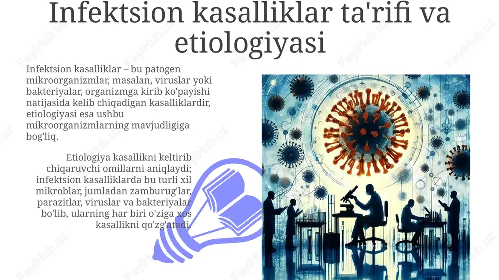 adi, bu esa o'limga olib kelishi mumkin. prognoz kasallikning turi va davolashning tezligiga bog'liq. surunkali infektsiyalar, masalan, oiv, jigar sirrozi va saraton kabi uzoq muddatli asoratlarga olib kelishi mumkin. prognoz immunitet tizimining holatiga qarab farq qiladi. infektsion kasalliklarni nazorat qilish va oldini olish strategiyalari infektsion kasalliklarni nazorat qilish strategiyalari 70% emlash qamrovini ta'minlash, suvni tozalash, sanitariya sharoitlarini yaxshilash va gigiena qoidalariga rioya qilishni o'z ichiga oladi. antimikrobiyal vositalarga qarshilikni kamaytirish uchun antibiotiklarni 50% ga kamaytirish, diagnostika testlaridan foydalanish va infektsiyalarni nazorat qilish protokollariga amal qilish kerak. global ta'sir va yangi paydo bo'layotgan infektsiyalar global iqtisodiy ta'sir pandemiya davrida trillionlab dollarga yetdi, turizm va savdo sohalarida katta yo'qotishlar kuzatildi, ayniqsa 2020-2023 yillarda. yangi paydo bo'layotgan infektsiyalar, masalan, covid-19, zoonotik kelib chiqishi sababli tez tarqalib, 1-r0 qiymati yuqori bo'lganligi sababli pandemiyaga aylandi. mikroorganizmlar turlari va antibiotiqlarga chidamlilik 01 02 antibiotiklarga chidamlilik mikroorganizmlar, masalan, bakteriyalar genetik mutatsiyalar orqali dori ta'siriga moslashuvchanlik qobiliyatini rivojlantirishini …
