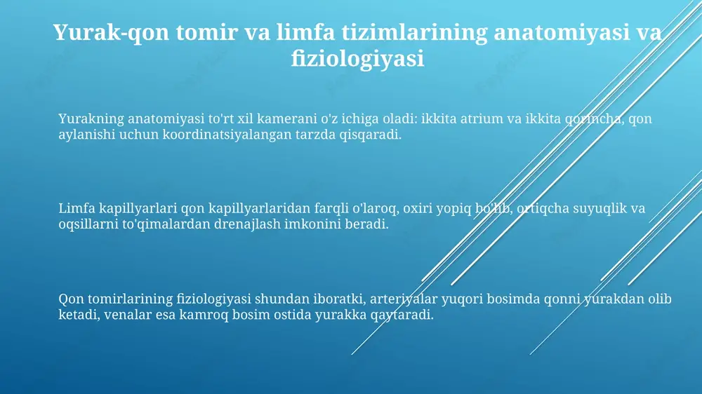 suli bo'lib, kontrast modda kiritiladi. bu stenoz, anevrizma va 3d shaklidagi boshqa anomaliyalarni aniqlashga yordam beradi. davolash va profilaktika: usullar va yoshiy o'zgarishlar kattalarda gipertoniya xavfini kamaytirish uchun natriy iste'molini kuniga 2300 mg dan kamroqqa kamaytirish, muntazam ravishda jismoniy mashqlar qilish va stressni boshqarish profilaktika usullari hisoblanadi. yurak yetishmovchiligini davolashda diuretiklar kabi dori-darmonlar suyuqlikni kamaytiradi, ace inhibitörleri qon tomirlarini kengaytiradi va beta-blokerlar yurak urishini sekinlashtiradi, bu esa qon aylanishini yaxshilaydi. keksalar uchun yurak-qon tomir kasalliklarining oldini olish uchun polivitaminlar, d vitamini va kaltsiy iste'mol qilish tavsiya etiladi. bular suyaklarni mustahkamlaydi va qon tomirlaridagi aterosklerozning oldini oladi. e'tiboringiz uchun rahmat