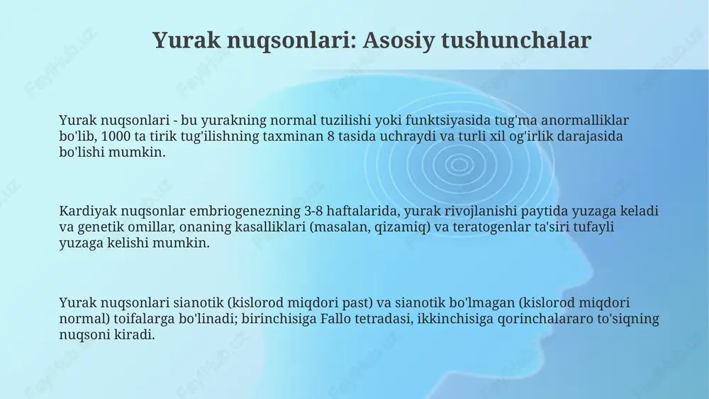 kgdagi o'zgarishlar turli nuqsonlarda turlicha bo'ladi, masalan, o'ng qorinchadagi gipertrofiya o'pka stenozida uchraydi. bu aniqlikni talab qiladi. o'z vaqtida tashxis qo'yish va davolash, masalan, jarrohlik amaliyotlar orqali bolalarning 85% dan ortig'ida sog'lom hayot kechirish imkonini beradi. e'tiboringiz uchun rahmat image1.png