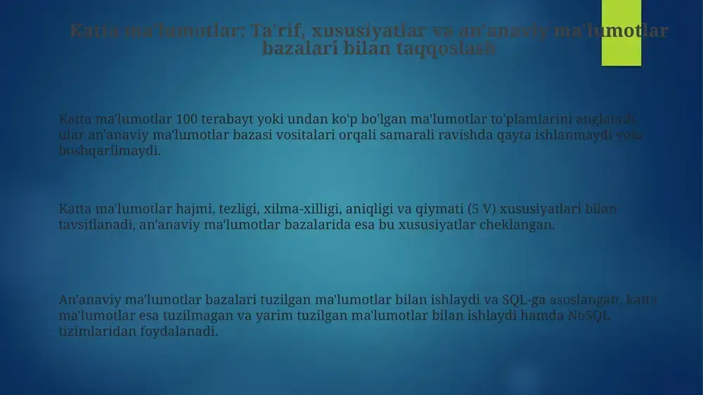 99% aniqlikda ishlaydi. xavfsizlikning muhim jihati ma'lumotlarni shifrlashdir, masalan, aes-256 algoritmidan foydalanish. maxfiylik uchun differentsial maxfiylik texnikasi shaxsiy ma'lumotlarni himoya qiladi va dasturlar firibgarlikni aniqlashda yordam beradi. sog'liqni saqlashda katta ma'lumotlar bemorlarning demografik ma'lumotlari va genetik ma'lumotlarini birlashtirib, prognozlash modellarini yaratadi. bu shaxsiy davolash rejalari va 24/7 bemorlarni kuzatish imkonini beradi. katta ma'lumotlar bilan bog'liq muammolar va kelajakdagi tendentsiyalar katta ma'lumotlar muammolaridan biri malakali mutaxassislarning yetishmasligidir, ayniqsa 2024-yilda ma'lumotlar arxitekturasi, mashinani o'rganish va xavfsizlik sohalarida yuqori talab mavjud. kelajakdagi tendensiyalardan biri bu avtomatlashtirilgan ma'lumotlar muhandisligi bo'lib, u ai va ml texnologiyalari yordamida etl jarayonlarini soddalashtiradi va 30 foizga tezlashtiradi. katta ma'lumotlar bilan bog'liq axloqiy muammolar ortib bormoqda, jumladan ma'lumotlarning noto'g'ri ishlatilishi va shaxsiy maxfiylikning buzilishi, bu 2025-yilga kelib 40 foizga oshishi mumkin. e'tiboringiz uchun rahmat image2.png image3.png image4.png image5.png