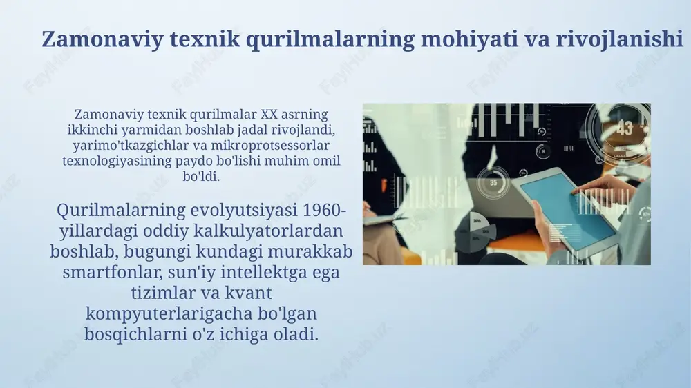 ning noto'g'ri utilizatsiyasi (masalan, yoqib yuborish) dioksinlar kabi xavfli kimyoviy moddalarni chiqaradi, ular 20 yilgacha atrof-muhitda saqlanib qolishi va inson salomatligiga zarar yetkazishi mumkin. iqtisodiy samaradorligi zamonaviy qurilmalarning iqtisodiy samaradorligi, dastlabki kapital xarajatlari va uzoq muddatli operatsion xarajatlari nisbati orqali baholanadi, bu roi (investitsiyalarning qaytarilishi) tahlilini o'z ichiga oladi. qurilmaning energiya samaradorligi va resurslarni iste'mol qilish darajasi, uning umumiy iqtisodiy samaradorligiga sezilarli ta'sir ko'rsatadi; kam energiya iste'moli 15-20% gacha xarajatlarni kamaytiradi. tendentsiyalari va kelajak istiqbollari kichiklashuv va mo'ljallik tendentsiyasi davom etmoqda, kelajakda nanotechnologiyalar va 3d bosib chiqarish orqali yanada ixcham, moslashuvchan qurilmalar yaratiladi, quvvat samaradorligi 20% gacha oshadi. sun'iy intellekt (si) va mashinani o'rganish (mo') qurilmalarga integratsiya qilinadi, ular foydalanuvchi xatti-harakatini o'rganadi va 75% gacha moslashuvchan takliflar beradi, avtomatlashtirish darajasi oshadi. standartlashtirish va sertifikatlashtirish standartlashtirish bozorda raqobatbardoshlikni ta'minlaydi, ishlab chiqarish xarajatlarini kamaytiradi va mahsulot sifatini oshiradi, misol uchun, iso 9001 sifati 100 foiz kafolatlaydi. sertifikatlashtirish mahsulot yoki xizmatning muayyan standartlarga …