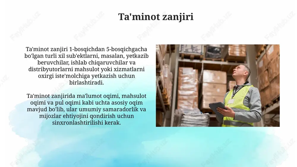 o'rsatkichlari (kpi) inventory aylanmasi omborning qanchalik samarali ekanligini o'lchaydi, yuqori nisbat esa inventarning tez sotilishini va kapital bog'lanishining kamayishini ko'rsatadi, maqsad - yiliga 6-12 aylanishga erishish. buyurtmani to'ldirish darajasi 95% dan yuqori bo'lishi kerak. bu o'z vaqtida yetkazib berishni ta'minlaydi va mijozlar ehtiyojini qondirish darajasini oshiradi, inventarizatsiya boshqaruvining muhim ko'rsatkichidir. barqarorlik va ekologiya barqaror inventarizatsiya logistikasi chiqindilarni kamaytirish uchun 3r tamoyilini (qisqartirish, qayta ishlatish, qayta ishlash) faol qo'llaydi, shu bilan atrof-muhitga ta'sirni kamaytiradi va resurslardan samarali foydalanishni ta'minlaydi. yashil omborxona amaliyoti, jumladan, led yoritgichi, quyosh energiyasi va suvni tejaydigan texnologiyalar uglerod izini 25% gacha kamaytiradi va logistika operatsiyalarining ekologik tozaligini yaxshilaydi. global inventarizatsiya logistikasi global inventarizatsiya logistikasida bojxona qoidalari va import/eksport cheklovlari zanjirlarni boshqarishni murakkablashtiradi, chunki har bir davlatning o'ziga xos talablari va jarayonlari mavjud. global zanjirlarda inventarizatsiyani optimallashtirish uchun xarajatlarni kamaytirish va etkazib berish vaqtini qisqartirish uchun markazlashtirilgan inventarizatsiya strategiyasini amalga oshirish juda muhimdir. e'tiboringiz uchun rahmat image2.jpg image3.jpg …