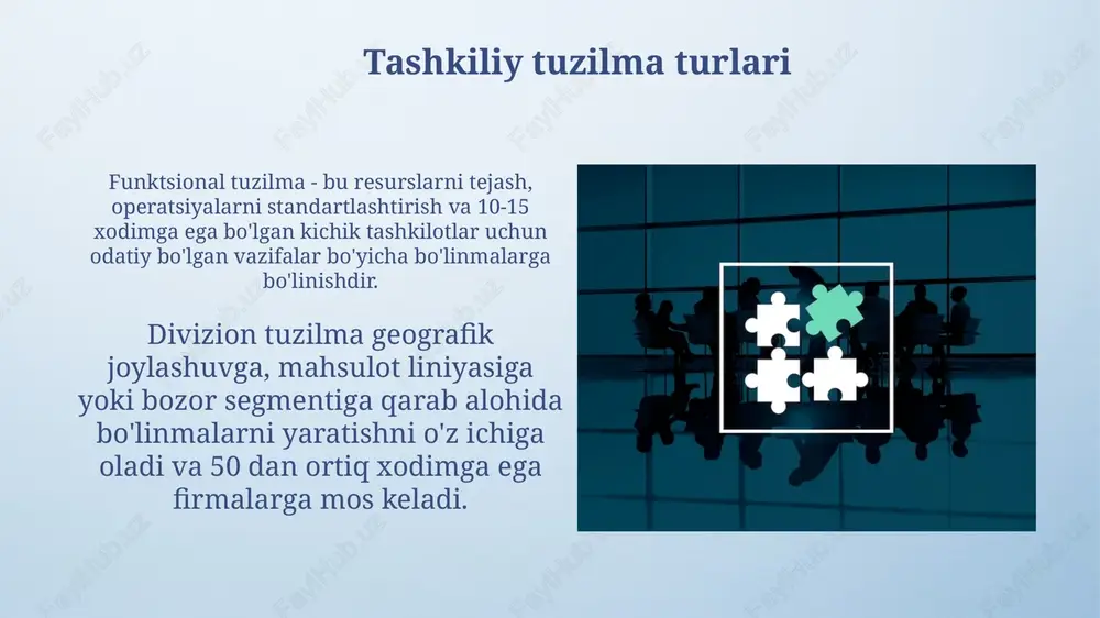 u bo'limlar mijozlarning ehtiyojlariga moslashtirilgan 24/7 xizmat ko'rsatishga e'tibor qaratadi. ushbu tuzilma mijozlarning maxsus talablariga javob berish uchun mahsulotlarni moslashtirish va narxlash strategiyalarini ishlab chiqish imkonini beradi, natijada mijozlar bilan 90% darajada yuqori aloqa o'rnatiladi. gibrid tuzilmalar gibrid tuzilmalar, masalan, geografik bo'linmalar uchun mahsulotga asoslangan tuzilmani qo'llash orqali ikkita yoki undan ortiq an'anaviy tuzilma turlarini birlashtirib, 70% moslashuvchanlikni ta'minlaydi. gibrid tuzilmalar, 360 gradusli muvofiqlashtirishni kuchaytiradi va funktsional afzalliklarni saqlab qolgan holda mahsulot yoki mijoz segmentlarining ehtiyojlariga 95% aniqlik bilan javob berishga imkon beradi. xodimlar soni va tarkibi sug'urta kompaniyasida xodimlarning soni biznes hajmi va faoliyat turiga bog'liq, odatda 50 dan 5000+ gacha xodimlar bo'lishi mumkin. kompaniya tarkibi aktuariylar, sotuvchilar, underwriters, da'vo bo'yicha mutaxassislar, it xodimlari va ma'muriy xodimlarni o'z ichiga oladi; ularning soni 10% dan 30% gacha farq qilishi mumkin. vakolatlar taqsimoti vakolatlar taqsimoti kompaniyaning 100 dan ortiq xodimlari o'rtasida aniq belgilanishi kerak, bu esa har bir rolning qanday qarorlar …