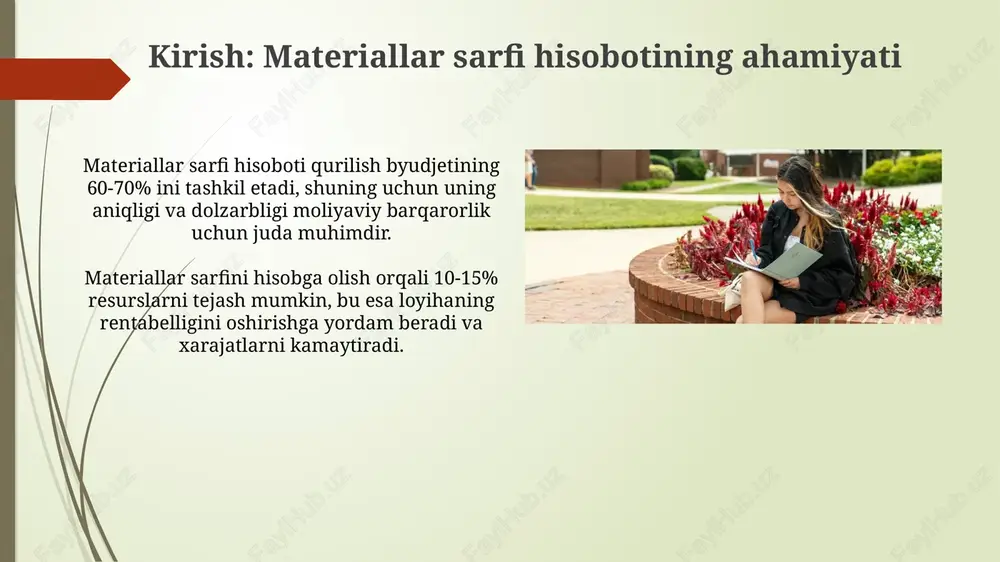 shtirishga yordam beradi, natijada 10-15% xarajatlar qisqarishi mumkin. ichki audit, nazorat va qonunchilik ichki audit kamida har 6 oyda o'tkazilib, materiallar sarfini qonunchilikka (masalan, vazirlar mahkamasining 123-son qarori) muvofiqligini tekshiradi. nazorat materiallar sarfini hisobga olish tizimining samaradorligini baholashni o'z ichiga oladi, bunda 10% dan ortiq farqlar aniqlanganda qo'shimcha tekshiruvlar o'tkaziladi. e'tiboringiz uchun rahmat image1.png image2.jpg image3.jpg image4.jpg image5.jpg image6.jpg image7.jpg image8.jpg image9.jpg image10.jpg image11.jpg