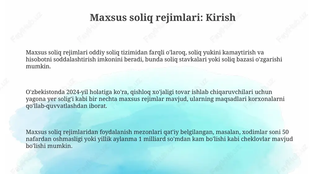 acha bo'lgan minimal ish haqi chegiriladi. soliq stavkalari progressiv bo'lib, daromadning miqdoriga qarab 12% dan 15% gacha o'zgarishi mumkin. soliq hisobotlari yil yakunida topshiriladi va soliq to'lovlari har oyda amalga oshiriladi. daromad solig'i deklaratsiyasi soliq organlariga topshiriladi va unda barcha daromad manbalari, imtiyozlar hamda to'langan soliq summalari ko'rsatiladi. jarimalar noto'g'ri hisoblashlar uchun qo'llanilishi mumkin. qo'shilgan qiymat solig'i: mohiyati va maqsadlari qqsning asosiy maqsadi davlat byudjetini to'ldirish va tovarlar hamda xizmatlar iste'molidan olinadigan daromadlarni oshirish, 15 foiz stavkada hisoblanadi. qo'shilgan qiymat solig'i (qqs) – bu tovarlar va xizmatlar qiymatiga qo'shilgan soliq bo'lib, har bir ishlab chiqarish bosqichida qo'shilgan qiymatdan undiriladi. qqs to'lovchilari yillik aylanmasi 1 milliard so'mdan oshgan yuridik shaxslar va qqs to'lovchisi sifatida ro'yxatdan o'tgan jismoniy shaxslar hisoblanadi. qqs soliq solish obyekti qqs soliq solish obyekti o'zbekiston respublikasi hududida tovarlarni (ishlarni, xizmatlarni) realizatsiya qilish bo'yicha aylanma hisoblanadi, shu jumladan bepul berish va o'z ehtiyojlari uchun foydalanish ham kiradi. import qilinadigan …