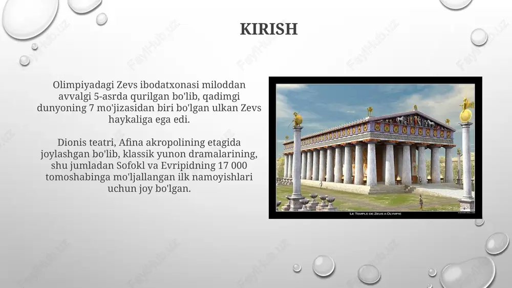 s texnikadan foydalangan, yuzlarda dramatik soyalar hosil qilish uchun chuqur oʻyilgan detallar yaratgan, bu uning asarlariga jonlilik bagʻishlagan. ibodatxonaning haykaltaroshlik bezaklarida skopasning roli skopas taxminan miloddan avvalgi 380-yillarda olimpiyadagi zevs ibodatxonasining sharqiy frontonidagi jang aravasi poygasining haykaltaroshlik bezaklarini loyihalashtirish va haykaltaroshlikda ishtirok etgan. u ibodatxona frizlarining 12 ta metopidan iborat bo'lgan gerkules mehnatining haykaltaroshligi bo'yicha mutaxassis edi, ammo bu asarlar unga tegishli ekanligi bahsli. zevs ibodatxonasi, dionis teatri va skopas o'rtasidagi bog'liqlik zevsning olimpiyadagi ibodatxonasi skopasdan ancha oldin mavjud bo'lgan bo'lsa-da, ikkalasi ham v asrda gullab-yashnagan klassik yunon san'atining namunalari sifatida birgalikda ko'rib chiqilishi mumkin. dionis teatri, dastlab zevs ibodatxonasi kabi diniy marosimlar uchun ishlatilgan bo'lishi mumkin, bu ibodatxona va teatrning dastlabki diniy maqsadi o'rtasidagi potentsial bog'liqlikni ko'rsatadi. madaniy meros sifatida saqlanish madaniy merosni saqlashda davlatlar 1972-yilgi butunjahon merosi konventsiyasiga muvofiq, har bir ob'ektning qimmatini aniqlab, uni himoya qilish siyosatini ishlab chiqishi kerak. unesco tashkiloti 1954-yilgi qurolli mojarolar holatida madaniy …