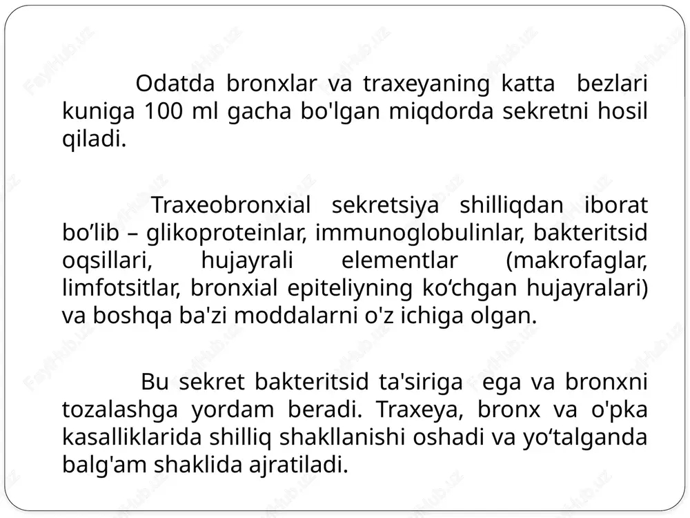 a og'iz bo'shlig'idan kiradi va diagnostik ahamiyatga ega emas. balg'amda 25 dan ortiq yassi epiteliy hujayralarining mavjudligi balg'am namunasi og'iz bo'shlig'idan sekretsiya bilan ifloslanganligini ko'rsatadi. silindrsimon epiteliy- har qanday balg'amda oz miqdorda uchraydi, ko'p miqdorda - nafas yo'llari zararlanganda (bronxit, bronxial astma) aniqlanadi. alveolyar makrofaglar alveolyar makrofaglar asosan alveolalararo to’siqlarda lakalizatsiyalangan. balg'am mikroskopiyasida hech bo'lmaganda 1 ta makrofag mavjud bo'lsa, nafas olish tizimi pastki qismi zararlanganligini anglatadi. elastik tolalar elastik tolalar biriktiruvchi to'qima elementlari bo'lib, ularning paydo bo'lishi to'qimaning parchalanishini anglatadi. balg'amda elastik tolalar ko'pincha sil kasalligida namoyon bo'ladi, ammo uni saraton, absess, o'pkaning exinokokkozi va boshqa kasalliklarda ham ko'rish mumkin. ular uzun, yaltiroq, ikki konturli bo`ladi. atipik hujayralar balg'amda xavfli o'simtalarning hujayralari bo'lishi mumkin ularni asosan o'simta endobroxial o'ssa yoki parchalanganda mikroskopiyada uchratish mumkin. parazitlar va gelmintlarning tuxumi balg'amda normada parazitlar va gelmint tuxumlarini aniqlanmaydi. balg'amda o'pkaning exinokokkoz kasalligi bo`lganda exinokokk elementlari aniqlanadi. image3.png image4.png image5.jpeg image6.jpeg image7.jpeg image8.jpeg …