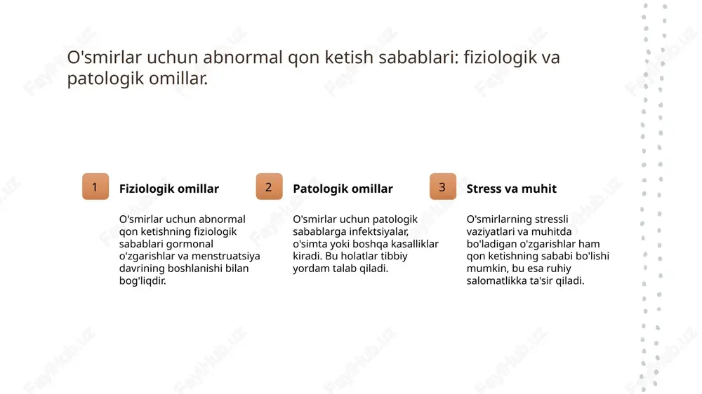 normal qon ketishning madaniy omillari. 1 madaniy an'analar - o'smirlar orasida abnormal qon ketishning madaniy an'analar bilan bog'liqligi ko'p hollarda xulq-atvor va sog'liqni saqlashni anglashga ta'sir qiladi. 2 ma'lumot yetishmasligi - o'smirlar uchun sog'liq haqida noto'g'ri yoki yetarli ma'lumotning yo'qligi, ularning simptomlarni tan olish va davolanishda qiyinchiliklarga olib kelishi mumkin. 3 ijtimoiy bosim - ijtimoiy bosim va o'z-o'zini anglash o'smirlar orasida qon ketish holatlariga ta'sir ko'rsatishi, ularning psixologik holatini murakkablashtirishi mumkin. tibbiyotda o'smirlar uchun qon ketishning ahamiyati: tashxis va davolash. 1 tashxisning ahamiyati o'smirlar orasida abnormal qon ketishning to'g'ri tashxisi, sog'liqni saqlash muammolarini erta aniqlash va davolashda muhim rol o'ynaydi. 2 davolash usullari o'smirlar uchun qon ketishni davolash, gormonal muvozanatni tiklash va psixologik yordam ko'rsatish orqali amalga oshiriladi, bu esa ularning umumiy salomatligini yaxshilaydi. 3 o'qitish va xabardorlik tibbiyotda o'smirlar uchun qon ketish haqida xabardorlikni oshirish, ularni muammolariga e'tibor qaratishga va kerakli yordamni qidirishga undaydi, bu esa sog'liqni yaxshilaydi. o'smirlar …