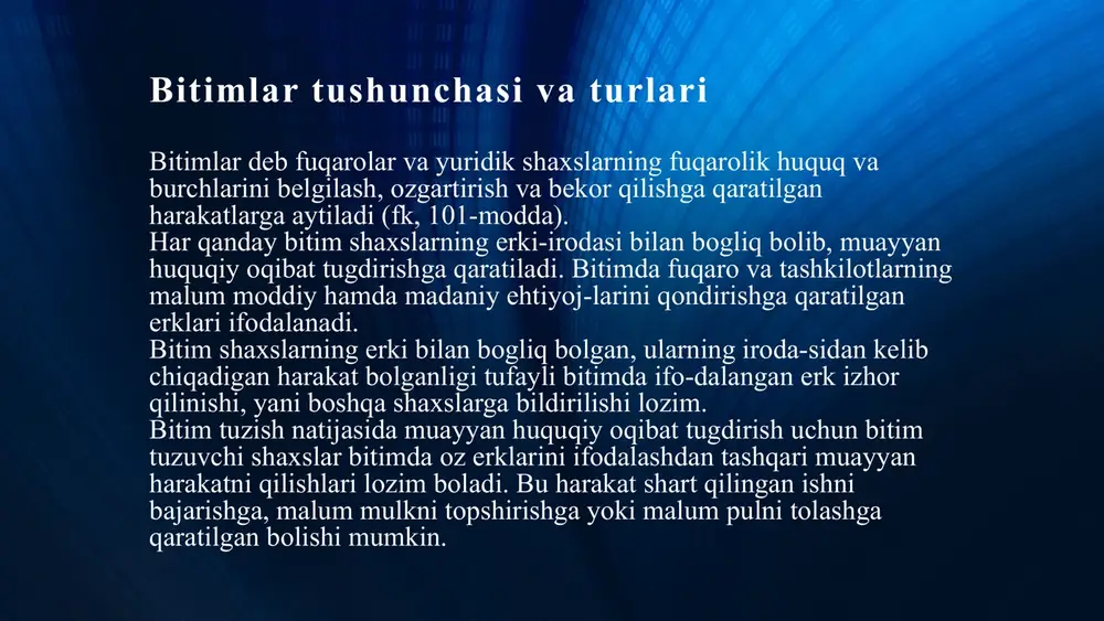 iylashtirish paytda vujudga keltiradigan bitimga aytaladi. mulk ijarasi, mahsulot yetkazib berish, pudrat, kontraktatsiya singari shartnomalar konsensual bitim hisoblanadi. real bitim deb ozaro kelishuvga muvofiq ashyolar yoki pulni topshirish paytida huquq va majburiyatni vujudga keltiradigan bitimga aytiladi. real bitimlarga misol qilib, qarz, omonat, yuk tashish shartnomalarini korsatsa boladi. agar bitimda huquq va majburiyatlarning vujudga kelishi yoki bekor bolishi vaqti korsatilgan bolsa, bitimlar muddatli hisoblanadi. bitimlarda muddatlar quyidagicha: a) ma'lum kun, oy, yil bilan (masalan, 2005 yil 15 sentabr); b) ma'lum vaqtning otishi bilan (masalan, bir yarim yildan keyin otishini korsatish); v) ma'lum bir voqea yuz berishi (masalan, daryo orqali yuk tashish – muz erishi bilan) bilan belgilanadi. shartli bitim deb taraflar ortasida tuziladigan bitimning amalga oshirilishi yoki bekor bolishi biron-bir shartga boglab qoyilishiga aytiladi. shartli bitimlar ikki xil korinishda boladi: a) sharti kechiktirilgan; b) bekor bolish sharti bilan tuzilgan bitimlar. bitim tuzishda erkni ifodalash usuliga bitim shakli deb aytiladi. bitimlar og`zaki …
