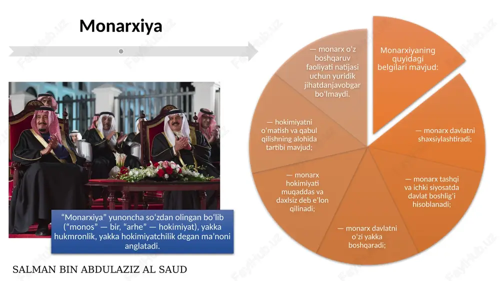 ntar monarxiya birlashgan arab amirligi yetti amirlik — abu dabi, dubay, sharja, ajman, umm ul qayvayn, al-fujayra va ra’s ul- xaymadan iborat bo‘lib, hokimiyatning oliy organi — amirliklaming shayxlaridan iborat oliy kengash hisoblanadi. dualistik monarxiya mutlaq monarxiyadan parlamentar monarxiyaga o'tishda oraliq, o‘tish shakli bo‘lib, hukmdor bilan bir qatorda, mutlaq monarxiya uchun xos bo‘lmagan boshqa oliy davlat hokimiyat organlari — parlament va hukumatning mavjudligida namoyon bo‘ladi. parlamentar monarxiyada hokimiyat hukmdor bilan birga davlat hokimiyatining oliy organlari — parlament, hukumat va boshqa organlar o‘rtasida taqsimlangan bo‘ladi. parlament xalq tomonidan ko‘ppartiyaviylik asosida saylash yo‘li bilan shakllantiriladi. mutlaq monarxiyalar dualistik monarxiyalar parlament monarxiyalari buyuk britaniya monarxini nominal davlat rahbari sifatida tan olgan millatlar hamdo'stligiga a'zo davlatlar an'anaviy monarxiyalar davlatlar emas, monarx aholining bir qismida (qabila, avtonom viloyat va boshqalar)tantanali rol o'ynaydi. birlashgan arab amirligi yetti amirlik — abu dabi, dubay, sharja, ajman, umm ul qayvayn, al-fujayra va ra’s ul- xaymadan iborat bo‘lib, hokimiyatning oliy …