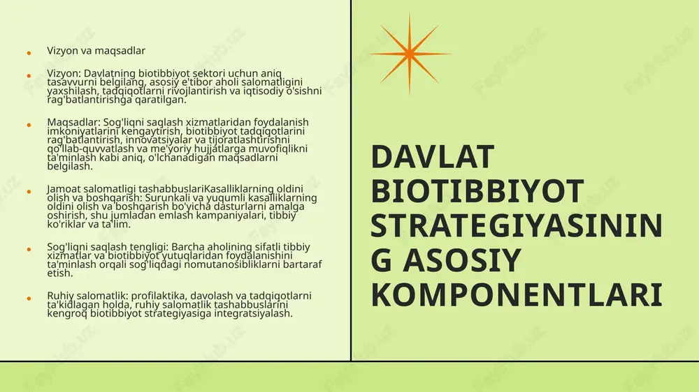 qondirish uchun biotibbiyot strategiyalarini ishlab chiqish va amalga oshirishga jalb qilish. barqarorlik va masshtablilikuzoq muddatli rejalashtirish: biotibbiyot tashabbuslarini davom ettirish va kengaytirish uchun uzoq muddatli rejalarni ishlab chiqish, ularning kelajakdagi muammolar va imkoniyatlarga moslashishini ta'minlash. atrof-muhitga ta'siri: biotibbiyot faoliyatining atrof-muhitga ta'sirini ko'rib chiqing va tadqiqot va sog'liqni saqlash sohasida barqaror amaliyotlarni amalga oshiring. amalga oshirish bosqichlari manfaatdor tomonlarning ishtiroki rejalashtirish va amalga oshirish jarayoniga asosiy manfaatdor tomonlarni, jumladan, davlat idoralari, tibbiyot xodimlari, tadqiqot muassasalari, sanoat vakillari va jamoat tashkilotlarini jalb qilish. siyosatni ishlab chiqish biotibbiyot strategiyasining maqsadlarini qo'llab-quvvatlaydigan siyosatlarni shakllantirish. bu qonunchilik, me'yoriy-huquqiy baza va moliyalashtirishni o'z ichiga olishi mumkin. resurslarni taqsimlash strategiya tashabbuslarini qoʻllab-quvvatlash uchun resurslarni, jumladan, moliyalashtirish, xodimlar va infratuzilmani taʼminlash va taqsimlash. monitoring va baholash taraqqiyotni kuzatish va biotibbiyot strategiyasining ta'sirini o'lchash uchun o'lchovlar va baholash asoslarini yarating. qaror qabul qilish va kerakli tuzatishlarni kiritish uchun ma'lumotlardan foydalaning. 7 aloqa rejasistrategiya, uning tashabbuslari va taraqqiyoti haqida ma'lumotni …