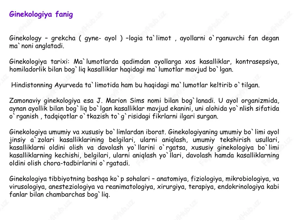 ning bir qismi •margo mesovarica ga yo’nalgan 4. qorin ichki bosimi uterus • yunoncha – metra, hystera • toq, ichi bo’sh, muskulli a’zo • funksiyasi: - menstruatsiya (tuxum hujayra yetilishi) - urug’langan tuxum hujayraning bachadon shilliq pardasiga implantatsiyasi - embrionning rivojlanishi - tug’ishga yordam berish golotopiya: kichik chanoq bo’shlig’ida joylashgan skeletotopiya: s2-s4 sohada joylashgan sintopiya: • oldinda – siydik pufagi • orqada – rectum • yonda – bachadon ortig’i • yuqorida – ingichka ichak • pastda – qin bachadon boylamlari: • 1. lig. latum uteri  qorin parda duplikaturasidan iborat  tutqich vazifasini bajaradi. ikki varaq orasida qon-tomir va nervlar yotadi  shakli - noto’g’ri to’rtburchak - frontal tekislikda joylashgan  varaq orasida - tuba uterina - lig. ovarii proprium - lig. teres uteri - mesosalpinx  unda joylashgan: • epoophoron • paraophoron • appendices vesiculosae • orqa varog’iga birikkan  ovarium 2. lig. teres uteri • bachadon chetidan boshlanadi …