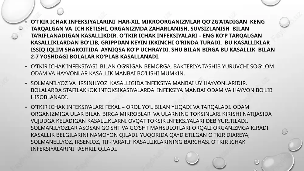 ga yoki ichki organlarga o'ta olmaydi va bir necha kungacha ichakdan tashqariga chiqarilib turishi mumkin. ich terlama va paratif epidemik o'chog'ida bemor bilan muloqotda bo'lganlarga nisbatan chora-tadbirlar: 1. bemor gospitalizatsiya qilingandan boshlab 21kun davomida muloqotda bo'lganlar tibbiyot xodimlari nazoratida bo'ladilar. 2.agar qo'zg'atuvchi najasdan bir marta ajratib olinsa safro, siydik va najas qaytadan terqatuvchilik turini aniqlash uchun tekshiriladi. 3.muloqotda bo'lganlarga bakteriofag beriladi. profilaktika. 1.bemor va bakteriya tarqatuvchilarni erta gospitalizatsiya qilish muxim o'rin tutadi. erta gospitalizatsiya qilish uchun o'z vaqtida klinik va laboratoriya tashxisini qo'yish kerak. 2. rejali va epidemiologik ko'rsatmalar bo'yicha emlash o'tkaziladi. emlash uchun kimyoviy shimdirilgan ich terlama va paratif vaktsinasi ishlatiladi. shigella avlodiga mansub bakteriyalar chaqiradigan, odamlarda uchraydigan yuqumli kasallik bo'lib, yo'g'on ichakning oxirgi qismlarining zararlanishi, umumiy intoksikatsiya belgilari va ich ketishi alomatlari bilan xarakterlanadi. turi sh.dysenteriae sh.flexneri sh.boydii sh.sonnei profilaktik va epidemiyaga qarshi kurash chora-tadbirlari oziq-ovqat korxonalari va unga tenglashtirilgan korxonalarga ishga kiruvchilarni klinik va laborotoriya tekshiruvlaridan o'tkazish. …