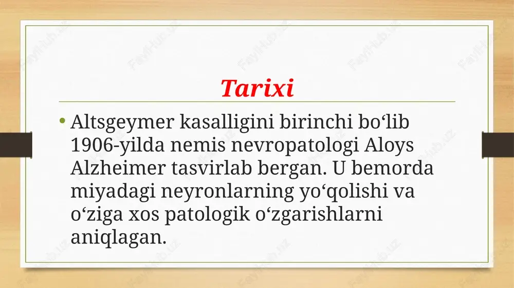 qlash — qon bosimini nazorat qilish, diabetni boshqarish. • chekishdan voz kechish va spirtli ichimliklarni cheklash. yangi ilmiy yutuqlar va kelajak istiqbollari gen terapiyasi: neyronlarning o‘limini oldini olish uchun genetik manipulyatsiyalar ustida ishlar. • immunoterapiya: beta-amiloid plakalarga qarshi immun javobni kuchaytiruvchi dorilar ishlab chiqilmoqda. • sun’iy intellekt: diagnostikani aniqroq qilish va kasallik rivojlanishini oldindan bashorat qilish imkoniyatlari. xulosa altsgeymer kasalligi jiddiy sog‘liq muammosi bo‘lib, uning oldini olish, erta aniqlash va samarali davolashga qaratilgan tadqiqotlar dolzarbdir. hayot sifatini yaxshilash uchun ijtimoiy yordam va profilaktika choralari muhim. e’tiboringiz uchun rahmat! image5.png image6.png image7.png image8.png image9.png image10.png image11.png image12.png image3.png image4.png /docprops/thumbnail.jpeg