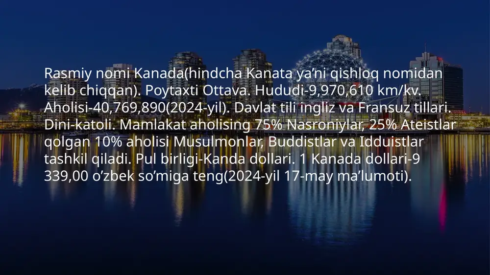 zishlari uchun uy vazifalarini taqiqlashga qaror qilgan. 5/19/2024 presentation title 13 10. kanadada konstitutsiya yo'q. bundan tashqari buyuk britaniya, yangi zelandiya, shvetsiya, san-marino, isroil va liviya davlatlarining ham konstitutsiya mavjud emas. 5/19/2024 presentation title 14 11. kanada fuqarolari pasporti tunda o'ziga xos yog'du taratadi! 5/19/2024 15 siyosiy partiyalari, kasaba uyushmalari liberal partiya, 1873 yil rasmiylashgan; progressiv konservativ partiya, 1854 yil tuzilgan; kanada kommunistok partiyasi, 1921 yil vujudga kelgan; kvebek partiyasi, 1968 yil tuzilgan; yangi demokratik partiya, 1961 yil asos solingan; kvebek bloki partiyasi, 1990 yil tuzilgan; kanada isloxrt partiyasi, 1987 yil, tuzilgan; kanada uyushmasi partiyasi, 2000-yilda tuzilgan. kasaba uyushmalari birlashmalari — kanada ishchilar kongressi 1956 yil tuzilgan, milliy kasaba uyushmalari konfederatsiyasi 1921 yil vujudga kelgan. kanada — yuksak taraqqiy etgan industrial-agrar mamlakat. yalpi ichki mahsulotda sanoatning ulushi 22 %, qishloq xoʻjaligi ulushi 2,2 %. aholi jon boshiga mineral xom ashyo va yarim fabrikatlar ishlab chiqarish jihatdan kanada taraqqiy etgan koʻpgina …