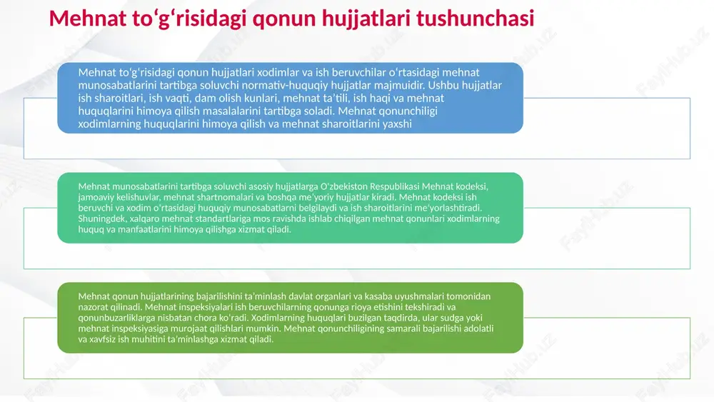 mehnat shartnomasini qonuniy asoslarsiz bekor qilish yoki shartnomada belgilangan majburiyatlarni bajarmaslik mehnat huquqlari buzilishining yana bir shaklidir. noqonuniy ishdan bo‘shatish yoki xodimlarni huquqsiz ravishda lavozimidan chetlashtirish ularning mehnat huquqlariga tajovuz qiladi. mehnat qonunbuzarliklari tushunchasi mehnat qonunbuzarliklari tushunchasi va asosiy xususiyatlari mehnat qonunbuzarliklari – bu xodimlarning mehnat huquqlari va ish beruvchilarning majburiyatlarini tartibga soluvchi qonun normalariga rioya qilmaslik holatlaridir. bu huquqbuzarliklar ish sharoitlari, ish haqi, ish vaqti va mehnat xavfsizligi bilan bog‘liq bo‘lishi mumkin. qonunbuzarliklar xodimlarni ekspluatatsiya qilish, mehnat sharoitlarini yomonlashtirish va iqtisodiy adolatsizlikni keltirib chiqaradi. mehnat qonunbuzarliklari davlat nazorat organlari tomonidan aniqlanib, ma’muriy yoki jinoiy javobgarlikka sabab bo‘lishi mumkin. mehnat qonunbuzarliklarining asosiy turlari va oqibatlari eng ko‘p uchraydigan mehnat qonunbuzarliklari ish haqi kechiktirilishi, noqonuniy ishdan bo‘shatish va mehnat sharoitlari bilan bog‘liq huquqbuzarliklardir. ish beruvchilar tomonidan xavfsizlik qoidalariga rioya qilinmasligi xodimlarning hayoti va sog‘lig‘iga jiddiy xavf tug‘dirishi mumkin. qonunbuzarliklar natijasida xodimlarning huquqlari poymol etilib, ijtimoiy barqarorlik buzilishi mumkin. bunday holatlarning oldini …
