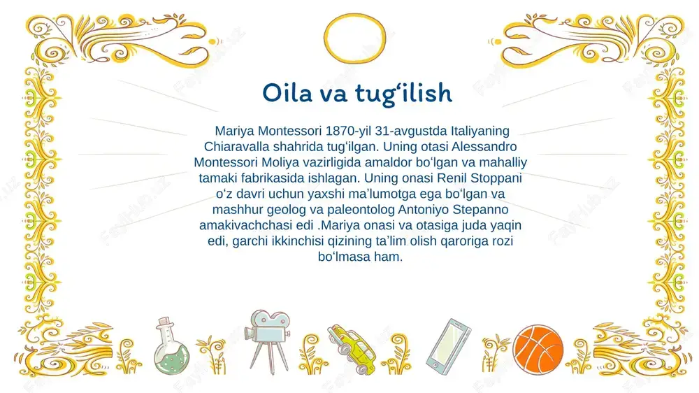 ham o'z qobiliyatlaridan foydalangan holda o'rganishi mumkin. surdo pedagogikada montessori kommunikatsiya: surdo pedagogikada bolalar uchun samarali kommunikatsiya va aloqalarni rivojlantirish muhimdir. montessori metodlarida til va kommunikatsiya mashg'ulotlari bolalarga tushunarli, interaktiv tarzda taqdim etilishi mumkin. o'zlashtirish rivoji: montessori usuli individual yondashuvni ta'minlaydi, bu esa har bir bolaga o'z imkoniyatlariga ko'ra rivojlanish imkonini beradi. bu hodisa surdo pedagogikada ham muhim ahamiyatga ega. italiyada ochilgan ilk casa dei bambini — “bolalar uyi”. 27 yoshida ruhiy salomatligida nuqsoni bor bolalar bilan shug‘ullanishga kirisharkan, bunday qaror keyinchalik bir umrlik faoliyatga — mittivoylar bilan taqdirini bir qilib bog‘lashga asos bo‘lishini sezmagan ham. oradan uch yil o‘tgach, sezilarli natijalar qayd etiladi va aqli zaif bolalarni himoya qilish milliy ligasi ortofrenik institut ochib, montessorini direktor etib tayinlaydi. montessori maktabining oltin qoidalari: bola faol bo‘lishi muhim. uning ulg‘ayishida kattalar ikkinchi o‘rinda tursin, rahbar emas, ko‘makchi bo‘lsin; erkin harakat va bola tanlovi; katta bolalar o‘zidan kichiklarga bilganini o‘rgatsin. ayni shu …