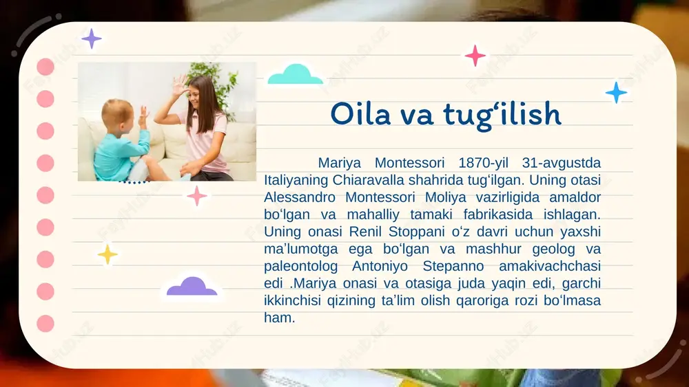 o'llab-quvvatlaydi, chunki quloq eshitish qobiliyati cheklangani bolalar ham o'z qobiliyatlaridan foydalangan holda o'rganishi mumkin. oʻz-oʻzini oʻrganish 1.7.2013 ‹#› surdo pedagogikada montessori kommunikatsiya: surdo pedagogikada bolalar uchun samarali kommunikatsiya va aloqalarni rivojlantirish muhimdir. montessori metodlarida til va kommunikatsiya mashg'ulotlari bolalarga tushunarli, interaktiv tarzda taqdim etilishi mumkin. 1.7.2013 ‹#› moddiy ta'lim resurslari: montessori ta'lim tizimi ko'plab tactile (tegish) materiallardan foydalanadi, bu esa quloq eshitish qobiliyati cheklangan bolalar uchun ham ta'lim jarayonini yanada qiziqarli va muvaffaqiyatli qiladi. 1.7.2013 ‹#› o'zlashtirish rivoji: montessori usuli individual yondashuvni ta'minlaydi, bu esa har bir bolaga o'z imkoniyatlariga ko'ra rivojlanish imkonini beradi. bu hodisa surdo pedagogikada ham muhim ahamiyatga ega. 1.7.2013 ‹#› italiyada ochilgan ilk casa dei bambini — “bolalar uyi”. 1.7.2013 ‹#› 27 yoshida ruhiy salomatligida nuqsoni bor bolalar bilan shug‘ullanishga kirisharkan, bunday qaror keyinchalik bir umrlik faoliyatga — mittivoylar bilan taqdirini bir qilib bog‘lashga asos bo‘lishini sezmagan ham. oradan uch yil o‘tgach, sezilarli natijalar qayd etiladi …
