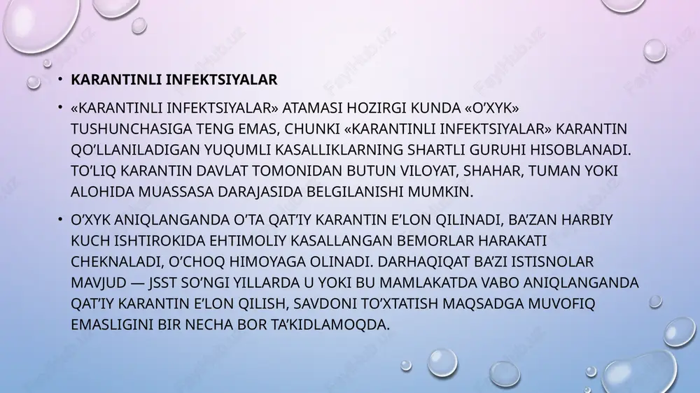 ik asosan zararlangan suv orqali yuqadi. kuydirgi zoonoz tabiatli infektsiya, ommaviy qirg’in quroli sifatida qaraladi. barcha turdagi qishloq xo’jaligi va yovvoyi hayvonlar, shuningdek odamlar uchun ham o’ta xavfli infektsion kasallikdir. qo’zg’atuvchisi — bacillus anthracis tayoqchasi. kasallikning asosiy tashuvchisi yirik shoxli qoramollar hisoblanadi. yuqish yo’llari — havo-tomchi va alimentar. kasallikning teri, oshqozon-ichak va o’pka shakllari ajratiladi. davolash antibiotiklar qabul qilish orqali olib boriladi. biroq muhimrog’i — kasallanishga to’sqinlik qiladigan vaktsinatsiyadir. kuydirgi jarohati shakli kasallik qorin bo'shlig'i o'pka shaklida og'riqli bo'lib, sog'ligi va hatto inson hayotiga jiddiy xavf soladi. infeksiya bu kasallikning ikki bosqichini pulmoner shaklda ajratib turadi: birinchisi ikki haftagacha davom etishi mumkin. ikkinchisi to'satdan paydo bo'ladi. kasallikning dastlabki bosqichida ko'krak qafasi ichidagi noqulay his-tuyg'ular bilan birga kelishi mumkin. kelajakda bemorning ahvoli sezilarli darajada yomonlashadi va paydo bo'ladi: nafas qisilishi ; tana haroratining ko'tarilishi (ko'pincha tanqidiy darajalarga); terining siyanozi; intoksikatsiya sindromi; sovuqlik; takypnea. vaqt o'tishi bilan ko'krakdagi og'riq kuchayadi va infarkt …