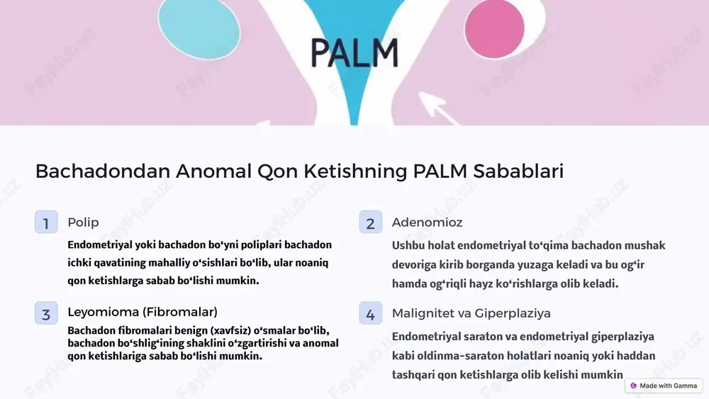 l ochuvchi holat hisoblanadi. ‹#› diagnostik mezonlar 1 kasallik tarixi va fizikal tekshiruv anamnezni batafsil yig‘ish va to‘liq jismoniy tekshiruv o‘tkazish, shu jumladan pelvik tekshiruvni amalga oshirish zarur 2 imaging studies bachadonni baholash va baqkning potentsial sabablarini aniqlash uchun transvaginal ultratovush, salin infuziya sonografiyasi yoki mrt kabi mos tasvirlash testlarini buyurish zarur. 3 endometriyal namuna olish endometriyal patologiyani baholash uchun endometriyal biopsiya olish yoki histeroskopiya o‘tkazib, dilatatsiya va kuretaj qilish zarur. ‹#› davolash 1 konservativ davo 2 farmakologik davo 3 minimal invaziv amaliyotlar 4 jarrohlik amaliyotlari 5 gisterektomiya baqkni davolash yondashuvi asosiy sababga, bemorning yoshi, kelajakda homiladorlikka bo‘lgan istagi va simptomlarning og‘irligiga qarab farqlanadi. yengil holatlar uchun konservativ boshqaruv, masalan, gormonal kontratseptivlarni sozlash, mos kelishi mumkin. og‘ir yoki davolashga qarshilik ko‘rsatuvchi holatlar uchun esa dori-darmonlar, minimal invaziv amaliyotlar yoki jarrohlik muolajalari kerak bo‘lishi mumkin. ‹#› xulosa palm sabablarini tushunish palm mnemoteknikasi - poliplar, adenomioz, leyomioma va malignitet/giperplaziya - bachadondan anomal …