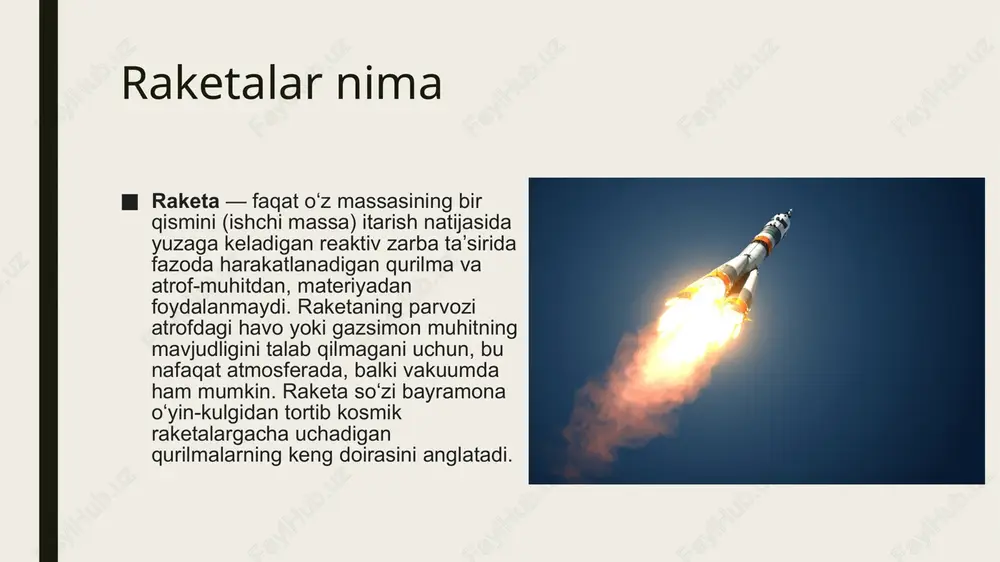 ri keladi. u allaqachon qilingan kashfiyotlardan bexabar bo'lib, "gazlar nazariyasi" nomli maqola yozdi va unda gazlarning kinetik nazariyasining asoslarini bayon qildi. uning ikkinchi asari-" hayvonlar organizmining mexanikasi " ijobiy fikr-mulohazalarni oldi va tsiolkovskiy rossiya fizik-kimyo jamiyatiga kiritildi. 1884 yildan keyin tsiolkovskiyning asosiy asarlari to'rtta asosiy yo'nalish bilan shug'ullangan: butun metall balon uchun ilmiy asos (dirijabl), soddalashtirilgan samolyot, poezdlar, hoverkraftlar va sayyoralararo sayohat uchun raketalar. yulduzlarga intilish 19-asrning oxiriga kelib, askarlar, dengizchilar, amaliy va unchalik amaliy bo'lmagan ixtirochilar raketada ulushni rivojlantirdilar. rossiyadagi konstantian tsiolkovskiy singari mohir nazariyotchilar raketa asosidagi fundamental ilmiy nazariyalarni o'rganib chiqmoqdalar. ular kosmik sayohat imkoniyatlarini ko'rib chiqishni boshladilar. xix asrning kichik raketalaridan kosmik asrning kolossiylariga o'tishda ayniqsa to'rt kishi muhim edi: rossiyada konstantin tsiolkovskiy, aqshda robert goddard va germaniyada hermann oberth va vernher fon braun. dastlabki raketalarda bitta dvigatel bor edi, uning yonilg'isi tugamaguncha u ko'tarildi. ammo katta tezlikka erishishning eng yaxshi usuli - bu katta raketaning ustiga …