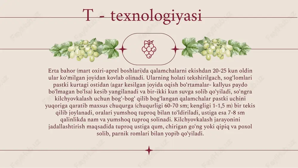 ullari: birinchi usuli, quyoshda quritish. uzumni yaxshilab yuvib, qquritib olamiz. dumchalarini olib tashlaymiz. so’ng toza faner yoki patnisga bir qator qilib teramiz. ustini doka ro’mol bilan yopib, quritish uchun quyoshga qo’yamiz. ikkinchi usuli, gaz pechida. tayyor uzumlarni pergament qog’oz to’shalgan patnisga teramiz, gaz pechini 85 c darajaga yoqib patnisni qo’yamiz. gaz duxovka eshigini ozroq ochib qo’yamiz. uzumning suvi bug’lanib ketganidan so’ng esa gaz pechini 65-70 darajaga tushiramiz. so’ng taxminan 30 soat davomida quritib olamiz. image2.png image6.png image3.png image4.png image5.png image7.jpeg image8.jpeg image9.jpeg image10.png image11.png image16.jpeg image12.png image13.png image14.jpeg image15.jpeg