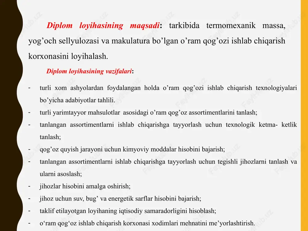 9 - - - - - - - - 2 a markali oqartirilgan o’ram qog’oz - - - - 30902 1343,6 - - 15919 692,1 - - 3 j markali o’ram qog’oz - - 9382 407,9 - - - - - - 21891 951,8 4 d markali o’ram qog’oz - - - - - - 33227 1444,7 5864 254,9 - - jami 30100 1308,7 18373 798,8 30902 1343,6 33227 1444,7 21783 947 21891 951,8 kimyoviy moddalar sarfi assorsiment turlari bo’r kazein kms e markali oziq-ovqat mahsulotlarini o’rash uchun 13681,85 738,8 738,8 a markali oqartirilgan o’ram qogoz 16418,15 738,8 738,8 j marka o’ram qog’oz 12509,2 844,4 844,4 d marka o’ram qog’oz 9772,75 527,7 527,7 jami 52381,95 2849,7 2849,7 texnologik ketma-ketlik gidromaydalagich bosimli saralagich tugun tutgich tebranma tozalagich diskli tegirmon uyurmali tozalagich qog’oz quyish jihozi jihozlar nomi jihoz markasi jihoz soni 1.gidromaydalagich grvm-05 2 2. bosimli saralagich stu-082 2 3. tugun tutgich …