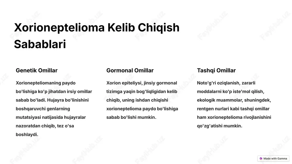 bbiy yordam yashash sifatini oshiradi. ‹#› xorionepteliomaning oldini olish choralari 1 homiladorlik rejalash xorioneptelioma homila rivojlanish davriga to'g'ri kelgani uchun, homiladorlikni rejalashtirish muhim. 2 kasallik tarixini o'rganish oila tarixini chuqur o'rganib, irsiy moyillikni aniqlash foyda keltiradi. 3 sog'lom turmush tarzi muvozanatlangan oziq-ovqatlar, jismoniy faollik, stressni kamaytirish kabi omillar kasallik rivojlanishining oldini oladi. 4 muntazam tibbiy ko'riklar yillik tekshiruvlar o'tkazib turish kasallikning erta aniqlashiga imkon beradi. ‹#› oxirgi ilmiy tadqiqotlar molekulyar tashxis dnk va rnk tahlillari erta tashxis qo'yish, prognozni belgilash va davolash usullarini tanlashda yordam beradi. maqsadli davo yangi qiluvchi moddalar va monoklonal antitanachalarga asoslangan maqsadli davo usullari jadal rivojlanmoqda. immunoterapiya o'sma hujayralari ustidan nazoratni ta'minlaydigan yangi biologik davo usullari izlanilmoqda. ilg'or diaqnostika liquid biopsy, pet-kt va molekulyar tasvirlar kasallikni erta aniqlash va kuzatishda qo'llanilmoqda. ‹#› xulosa va takliflar xorioneptelioma ogoh belgisi xorioneptelioma juda tez o'suvchi, invasiv va metastaz beradigan onkologik kasallik bo'lib, uning yana bir xususiyati - ayollarda kam …