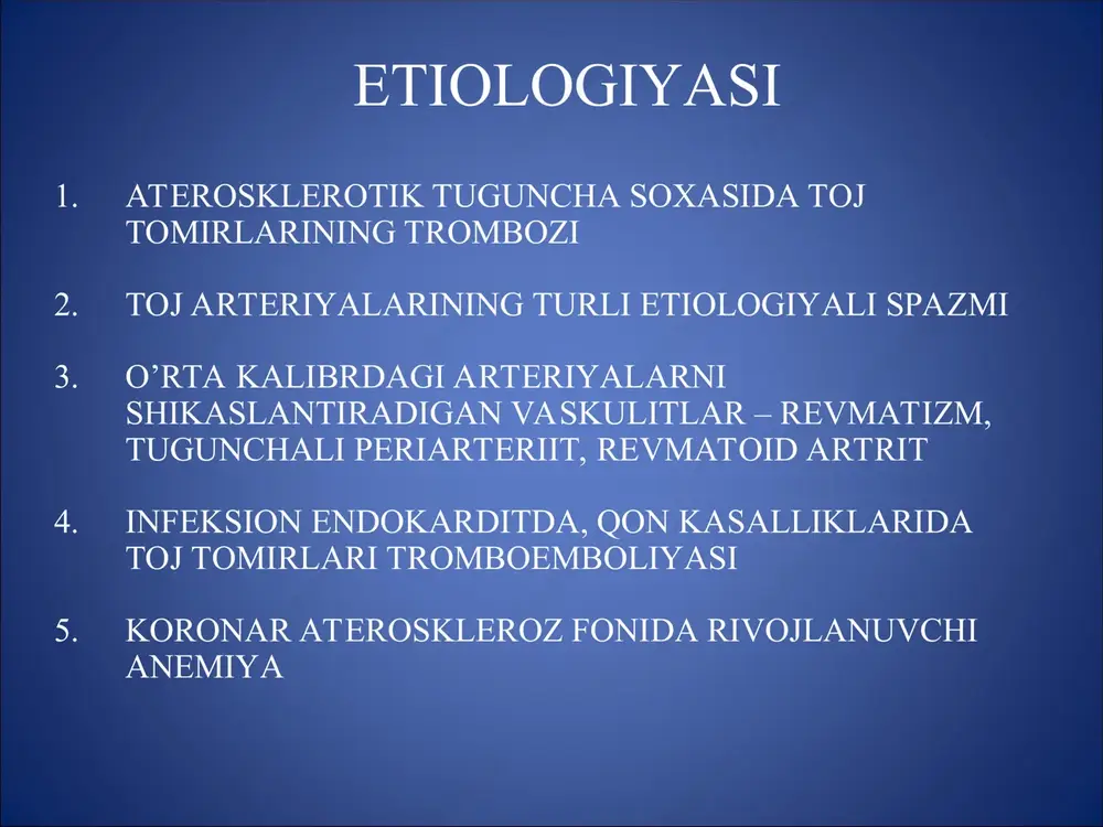 kardit ritm buzilishi dressler sindromi yurak to’xtashi davosi o’tkir og’riq xurujini yo’qotish; kardiogen shokni davolash; yurak maromi buzilishining oldini olish; qon ivishi sistemasini boshqarish; yurak mushaklari metabolizmini yaxshilash; parhez va dori-darmon orqali qonda xolesterin, triglitserid lipoproteidlari miqdorini pasaytirish. og’riqsizlantiruvchilar narkotik va nonarkotik analgetiklar neyroleptanalgeziya toj arteriyalarda qon oqimini tiklash trombolitiklar antikoagulyantlar miokardda nekroz hajmini chegaralash nitroglitserin b-blokatorlar yurak maromi buzilishining oldini olish kardiogen shokni davolash