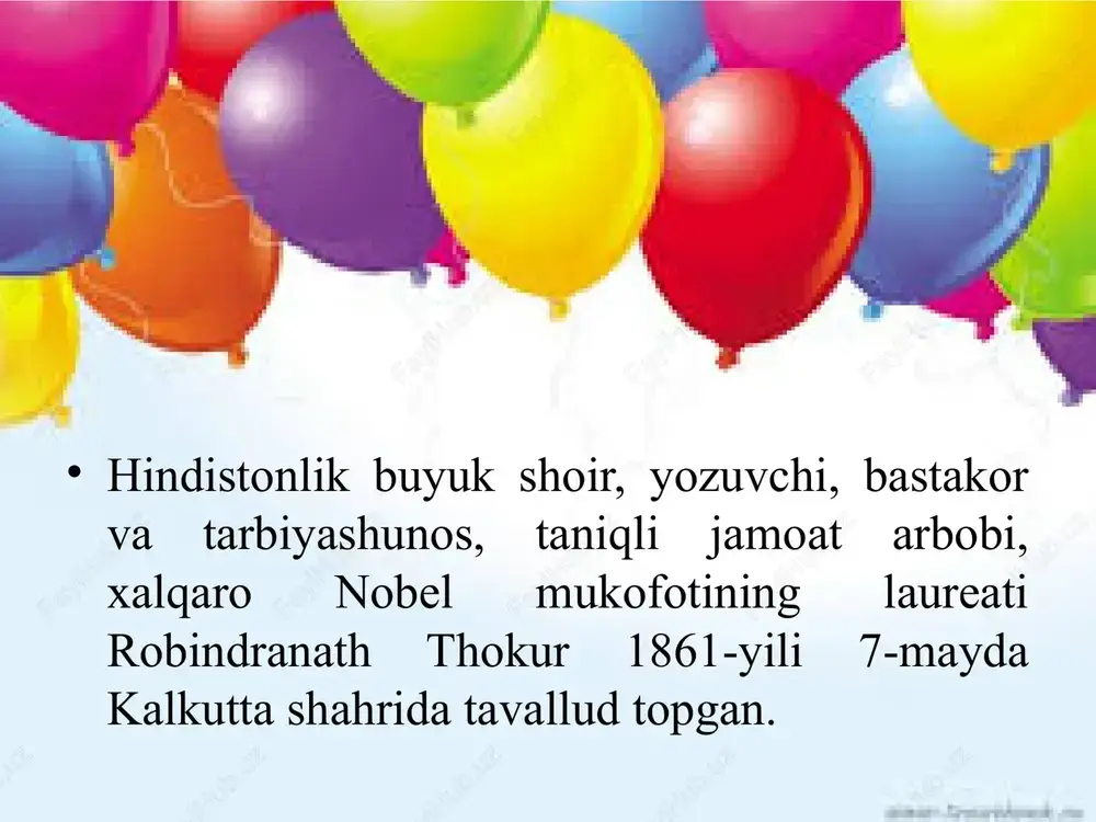 nat thokurning qaysi she’ri hindiston respublikasining milliy madhiyasiga aylangan? 8. robindranat thokurning qaysi asarlari o’zbek tiliga tarjima qilingan? 9. robindranat thokurning “nur va soyalar” hikoyasi qachon yozilgan? 10. robindranat thokurning qaysi asarlari o’zbek sahnasiga chiqqan? 11. robindranat thokurning qaysi asari asosida to’la metrajli badiiy film yaratilgan? 12. “nur va soyalar”da “... osoyishtalik, tinchlikni yaxshi ko’radigan, shuning uchun uylanishni ham xohlamaydigan yigit” kim? 13. shoshibushonning sud jarayonini boy berishiga nima sabab bo’ladi? 14. qulog’im tinch bo’lsin deb uylanishni ham xohlamaydigan shoshibushonnning okrug sudyasi bilan bahslashishiga nima sabab bo’ladi? ilova ikki buyuk vatanparvar: thakur va mahatma gandi ikki daho: thakur fizik olim albert eynshteyn bilan ijodkor farzandlari bilan thakur rafiqasi mrinalini devi bilan. 1883-yil bu qiziq! robindranath thakur so`zining bengalcha yozilishi: রবীন্দ্রনাথ ঠাকুর thakurning imzosi: audio1.wav image1.jpeg image2.jpeg image3.jpeg image4.jpeg image5.jpeg image6.jpeg image7.jpeg image8.jpeg image9.jpeg image10.jpeg image11.jpeg image12.jpeg image13.jpeg image14.jpeg image15.jpeg image16.jpeg image17.jpeg image18.jpeg image19.jpeg image20.jpeg image21.jpeg image22.jpeg image23.jpeg image24.jpeg image25.jpeg image26.jpeg …