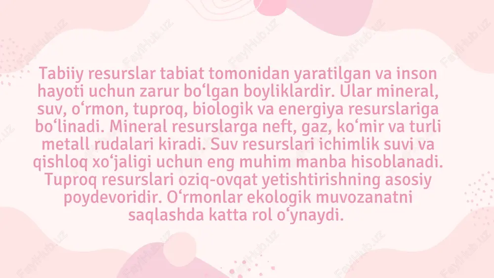 sligi, atmosferaning ifloslanishi va biologik xilma-xillikning kamayishiga olib keladi. bunday salbiy oqibatlar nafaqat bugungi kun, balki kelajak avlodlar hayoti uchun ham xavf tug diradi. shu sababli tabiiy boyliklarni asrash, ulardan oqilona va tejamkor foydalanish, qayta tiklanuvchi energiya manbalarini keng qo'llash, chiqindilarni kamaytirish va aholining ekologik madaniyatini oshirish nihoyatda muhimdir. har bir inson va jamiyat tabiatga mas uliyat bilan yondashgandagina bargaror rivojlanish, sog lom muhit va boy tabiiy resurslarni kelajak avlodlarga yetkazish mumkin bo'ladi.