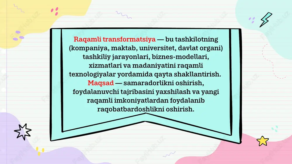 x ham cheklangan miqdordagi kino foydalanuvchilari bo'lgan barcha mijozlar uchun bepul darajani ishga tushirganida ushbu modelga o'tdi. obuna biznes modeli talab bo'yicha biznes modeli p2-p biznes modeli elektron tijorat biznes modeli preemium biznes modeli ma'lumotlar orqali yashirin daromad freemium biznes modeli ushbu turdagi biznesdan daromad nafaqat to'g'ridan-to'g'ri tranzaktsiyalardan, balki mijozlar ma'lumotlaridan ham olinishi mumkin. kompaniyalar butunlay bepul mahsulot va xizmatlarni taqdim qilsalar ham, ular foydalanuvchining xohishi va xatti-harakati asosida pul ishlashlari mumkin. yaxshi texnologiya tizimini va samarali ma'lumotlarni qazib olish va boshqarish strategiyasini o'rnatish orqali buni amalga oshirishning ko'plab usullari mavjud. ushbu biznes modelidagi monetizatsiyaning ba'zi shakllari ilova ichidagi reklamalar, tavsiyanomalar, filiallar va boshqalardir. obuna biznes modeli talab bo'yicha biznes modeli p2-p biznes modeli elektron tijorat biznes modeli freemium biznes modeli ma'lumotlar orqali yashirin daromad ma'lumotlar orqali yashirin daromad 3.2. avtomatlashtirish, raqamlashtirish va raqamli transformasiya o‘rtasidagi farq raqamlashtirish va avtomatlashtirish o'rtasidagi farq nima? raqamlashtirish atamasi hamma joyda mavjud va ko'pchilik …
