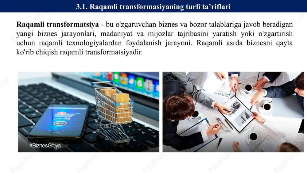 u modeldan foydalanadilar va yaqinda netflix ham cheklangan miqdordagi kino foydalanuvchilari bo'lgan barcha mijozlar uchun bepul darajani ishga tushirganida ushbu modelga o'tdi. obuna biznes modeli talab bo'yicha biznes modeli p2-p biznes modeli elektron tijorat biznes modeli freemium biznes modeli ma'lumotlar orqali yashirin daromad freemium biznes modeli ushbu turdagi biznesdan daromad nafaqat to'g'ridan-to'g'ri tranzaktsiyalardan, balki mijozlar ma'lumotlaridan ham olinishi mumkin. kompaniyalar butunlay bepul mahsulot va xizmatlarni taqdim qilsalar ham, ular foydalanuvchining xohishi va xatti-harakati asosida pul ishlashlari mumkin. yaxshi texnologiya tizimini va samarali ma'lumotlarni qazib olish va boshqarish strategiyasini o'rnatish orqali buni amalga oshirishning ko'plab usullari mavjud. ushbu biznes modelidagi monetizatsiyaning ba'zi shakllari ilova ichidagi reklamalar, tavsiyanomalar, filiallar va boshqalardir. obuna biznes modeli talab bo'yicha biznes modeli p2-p biznes modeli elektron tijorat biznes modeli freemium biznes modeli ma'lumotlar orqali yashirin daromad ma'lumotlar orqali yashirin daromad 3.2. avtomatlashtirish, raqamlashtirish va raqamli transformasiya o‘rtasidagi farq raqamlashtirish va avtomatlashtirish o'rtasidagi farq nima? raqamlashtirish atamasi …