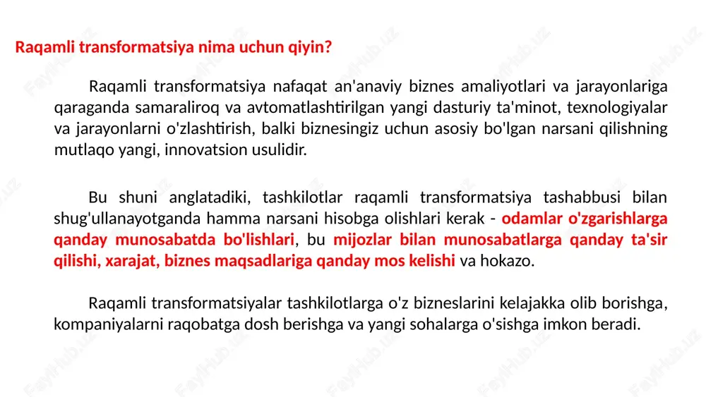 i dasturiy ta'minotni tatbiq etish uchun tashkilotlar xodimlarga ushbu yangi jarayonlarning qiymatini tushunishga imkon beruvchi vositalarni tezda samarali va malakali bo'lishlariga yordam berish uchun keng qamrovli ishga tushirish bo'yicha treninglar, shuningdek, doimiy ravishda xodimlarning ishlashini qo'llab-quvvatlashlari kerak. 4. mijoz ehtiyojlarining doimiy evolyutsiyasi tashkilotlar doimo rivojlanmoqda va covid-19 buni tezlashtirdi. mijoz nimani xohlashini ko'rib chiqing. bu dunyo rivojlanishi va sanoatning o'zgarishi bilan o'zgaradi. raqamli transformatsiya oson loyiha emas va intensiv transformatsiya ishlarini amalga oshirish uchun yillar kerak bo'lishi mumkin. agar shu vaqt ichida mijozingizning ehtiyojlari o'zgarsa nima bo'ladi? mijozlarning muammolari evolyutsiyasi sodir bo'ladi. hayron bo'lmang va yangi raqamli texnologiyalarni qabul qilish vaqti kelganda chaqqon bo'lishni rejalashtiring. 5. raqamli transformatsiya strategiyasining yo‘qligi nega yangi raqamli tizimlar uchun eski tizimlar va qo'lda ishlov berish jarayonlarini almashtiryapsiz? tashkilotingizda ilg'or va murakkab tizimlarni joriy qilish rejasi (yoki ehtiyoji) bormi? mavjud tizimlaringizni yangilariga to'g'ri ko'chirishga tayyormisiz? bularning barchasi raqamli transformatsiya jarayonini amalga oshirishdan oldin javob berilishi …