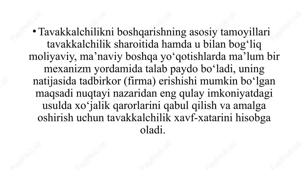 diversifikatsiya – bu investitsiya qilingan mablag‘larni bir-biri bilan bevosita bog‘liq bo‘lmagan turli xil investitsiya obyektlari o‘rtasida taqsimlash jarayoni. diversifikatsiya – bu tizimsiz xavfni kamaytirishning bir usuli. diversifikatsiya orqali tizimli xavfni kamaytirish mumkin emas, bu iqtisodiyotning umumiy holati bilan bog‘liq va bu kabi omillar bilan bog‘liq: urush, inflyatsiya, pul-kredit siyosatidagi global o‘zgarishlar va boshqalar. cheklash – bu xavf darajasini kamaytirishga yordam beradigan yuqoridan ham, pastdan ham cheklovlar tizimini o‘rnatishdir. tadbirkorlik faoliyatida cheklash ko‘pincha tovarlarni kreditga sotishda, kredit berishda, kapital qo‘yilmalar miqdorini belgilashda va boshqalarda qo‘llaniladi. avvalo, bu pul mablag‘lariga taalluqli: xarajatlar, kreditlar, investitsiyalar va boshqalarning maksimal miqdorlarini belgilash. xavfni kamaytirish usullaridan biri bu to‘liq ma’lumot olishdir. qo‘shimcha ma’lumotlarga ega bo‘lgan holda, iste’molchilar yaxshiroq bashorat qilishlari va xavfni kamaytirishlari mumkin. xavfni o‘rganish muammolari. biznesdagi xavflarni tahlil qilish va baholash juda mashaqqatli ishdir. tahlilchidan ko‘plab turli xil omillarni hisobga olish va ulardan umumiy qonuniyatlarni olish talab qilinadi. biznesni xavf-xatarlarga yetaklaydigan asosiy xatolar: xavfni …