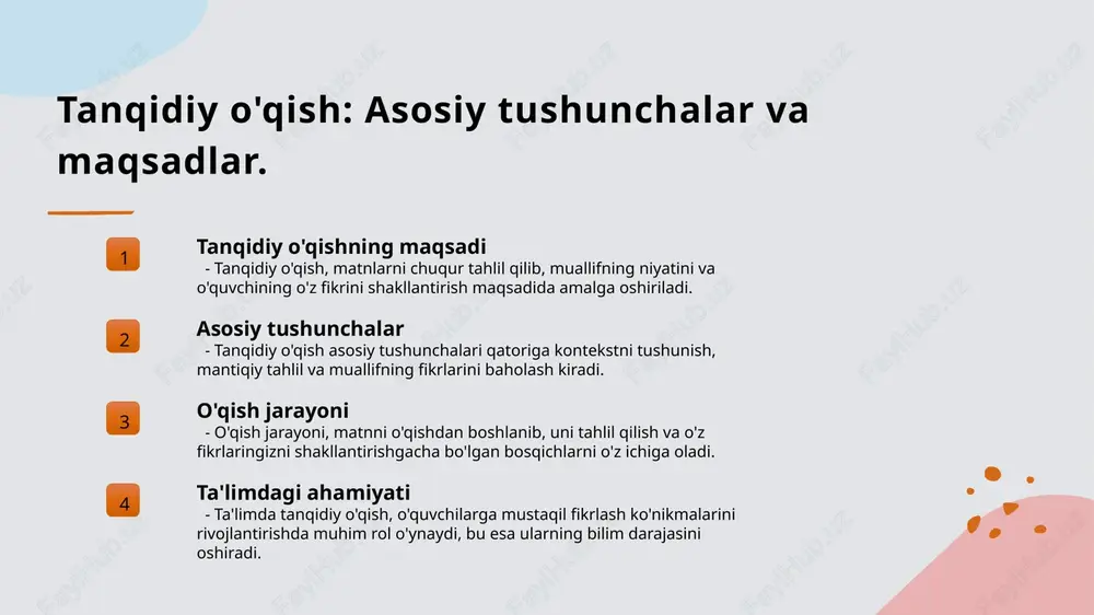 h jarayoni samarali o'tadi. 3 resurslar va infratuzilma ta'lim jarayonida sifatli resurslar va infratuzilma mavjudligi amalga oshirishni osonlashtiradi, o'quvchilar uchun yetarli materiallar taqdim etish muhimdir. ta'limda analitik ko'nikmalar: asosiy tushunchalar va ahamiyati. 01 analitik fikrlash tushunchasi analitik fikrlash, ma'lumotlarni tahlil qilish va baholash jarayoni bo'lib, o'quvchilarga muammolarni samarali hal qilishga yordam beradi. 02 ta'limda ahamiyati ta'limda analitik ko'nikmalar o'quvchilarning mustaqil fikrlashini rivojlantiradi, tanqidiy qarorlar qabul qilish va ijodiy yechimlar topishga imkon beradi. 03 rivojlantirish usullari analitik ko'nikmalarni rivojlantirish uchun muammoli vazifalar, guruh muhokamalari va interaktiv o'yinlar kabi innovatsion metodlarni qo'llash samarali natijalar beradi. analitik ko'nikmalarni rivojlantirishda innovatsion metodlar. 1 innovatsion o'qitish innovatsion o'qitish metodlari, masalan, gamifikasiya va blended learning orqali talabalarning analitik ko'nikmalarini rivojlantirishga yordam beradi. 2 kollektiv ishlash kollektiv ishlash muhitida talabalar birgalikda muammolarni hal qilishni o'rganib, analitik fikrlash ko'nikmalarini oshirishadi. bu jarayon ular uchun foydali tajriba yaratadi. 3 texnologik vositalar zamonaviy texnologiyalar, masalan, onlayn platformalar va interaktiv dasturlar, …