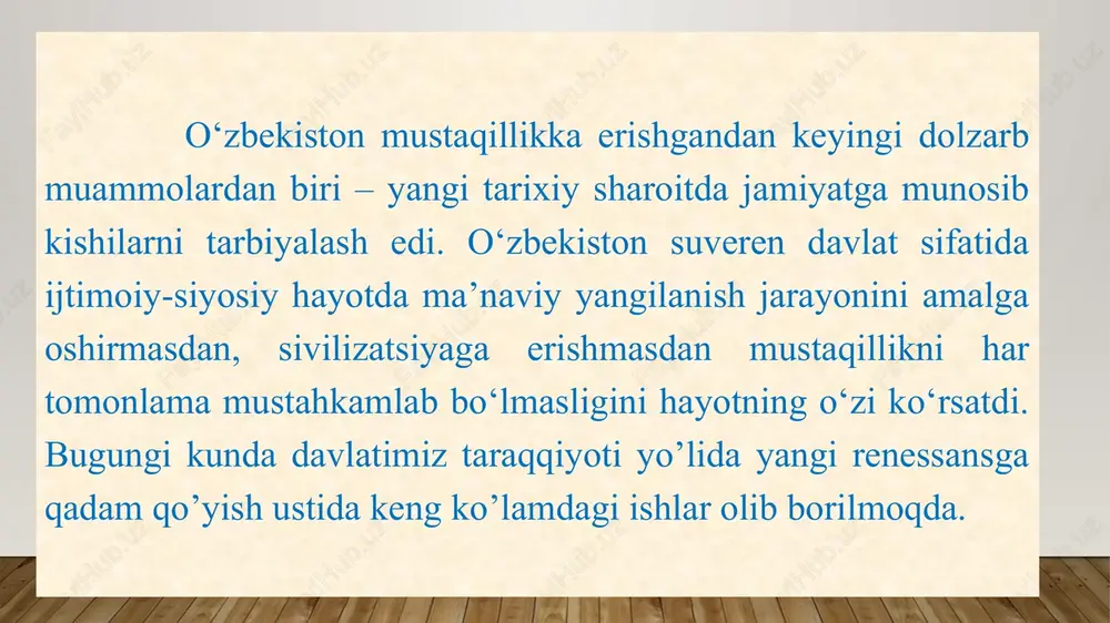 ili 2015 - keksalarni e'zozlash yili 2016 - sog'lom ona va bola yili 2017 - xalq bilan muloqot va inson manfaatlari yili 2018- faol tadbirkorlik, innovatsion g'oyalar va texnologiyalarni qo'llab-quvvatlash yili 2019- faol investitsiyalar va ijtimoiy rivojlanish yili. 2020-ilm ma'rifat va raqamli iqtisodiyot yili 2021-yoshlarni qo'llab-quvvatlash va aholi salomatligini mustahkamlash yili o’zbek xalqi mustaqil taraqqiyot yillarida ikkita renessansni (ya'ni buyuk rivojlanishni) o'z tarixiga muhrlab qo'ydi. birinchi uyg'onish davrida (ix-xiiasrlar) ilmiy va diniy bilimlarning uyg'unligi asnosida dunyoni larzaga keltiradigan buyuk kashfiyotlar qilindi. yurtimiz ilm-fan o’chog'iga aylandi. ibn-sino, forobiy, al-xorazmiy, beruniy kabi mutafakkirlar tabiy-ilmiy bilimlarni yangi sifat bosqichiga ko'targan bo'lsalar, at-termiziy, moturidiy, imom buxoriy, ahmad yassaviy, bahouddin naqshband, najmiddin kubro kabi ulamolar islom dinini milliy g'oya va qadryatlarimizga uyg'un holda rivojlantirdilar. imom buxoriy musulmon dunyosida «hadis ilmining sultoni» sifatida e'tirof etildi. mamlakatimiz islom ilmining markaziga aylandi. islom dinidagi hanafiy mazhabi, yassaviya, kubroviya, naqshbandiya tariqatlari o'zbek xalqining milliy g'oyasiga mos holda rivoj topdi. …