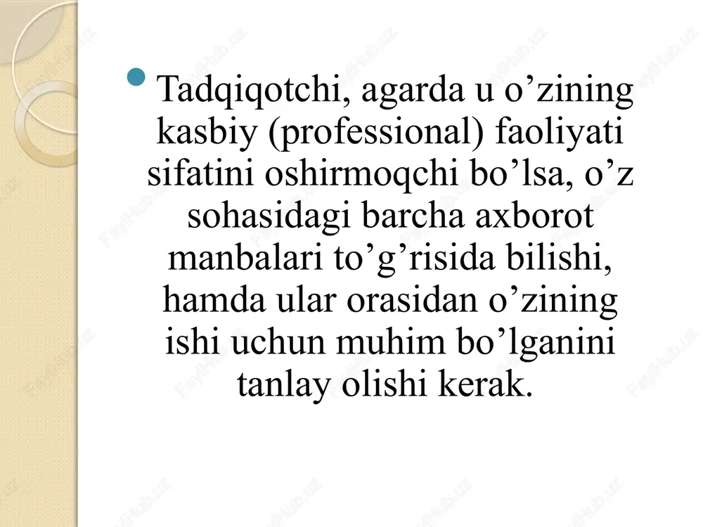 da ma’lumotlar ko’chirmalar, annotatsiyalar va matnlar shaklida yig’iladi. izlanishlar turi izlanishlar natijasi so’rovnomasi; izlanishlar ob’ekti; izlanish olib borishdagi tadqiqod usuli. ilmiy adabiyotlar bilan ishlashni tashkil etish. adabiyotni to’plash va tahlil etish, nashrga tayyorlash ilmiy materiallarni to’plash va tahlil etish, nashr qilish ilmiy xodim, ilmiy muassasa va korxona jamoasi tomonidan bajarilgan ilmiy tadqiqot va konstruktor tajriba ishlari natijalariga mualliflik huquqini oshkora himoya qilish shakllaridan biri bo’lib hisoblanadi. amaliy va nazariy jihatdan muhim hisoblangan va yangi olingan ilmiy natijalar monografiya, ilmiy maqola, ilmiy tadqiqot hisobotlari, ilmiy-texnik anjuman materiallari va tezislari shaklida nashr etiladi. monografiya deb – ilmiy dunyoqarashi bir xil bo’lgan bir yoki bir nechta muallif tomonidan muayyan bir muammo yoki mavzuni o’rganishga bag’ishlangan kitob shaklidagi ilmiy nashrga aytiladi. darslik deb – mazkur fanning o’quv dasturidagi barcha materiallarni o’zida to’liq saqlagan va rasmiy instantsiya tomonidan tasdiqlangan o’quv nashriga aytiladi. darslik davlat ta’lim standarti va o’quv dasturi aosida yaratilib, fanni to’liq o’zlashtirishga yo’naltiriladi …