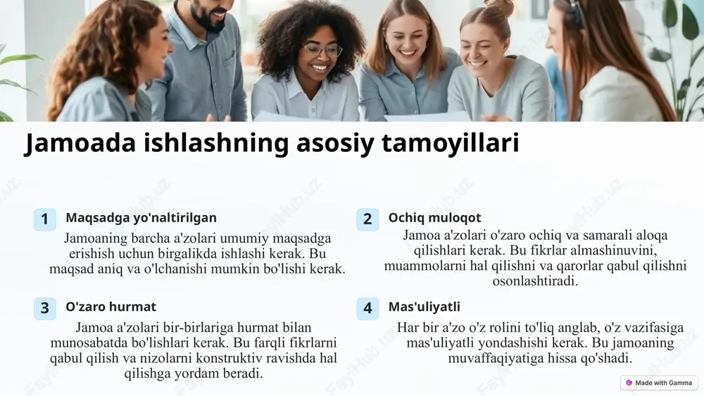 qadamdir. 2 muhokama keyin, muammo muhokama qilinishi kerak. jamoa a'zolari o'z fikrlarini ochiq va konstruktiv ravishda bildirishlari kerak. 3 echim nihoyat, muammoga echim topish kerak. bu jamoa a'zolari tomonidan birgalikda qabul qilingan echim bo'lishi kerak. 8 jamoada ishlashning afzalliklari va ulardan samarali foydalanish 1 samaradorlik jamoada ishlash loyihalarni tezroq va samaraliroq amalga oshirishga imkon beradi. 2 kreativlik jamoa a'zolari birgalikda ishlashda yangi g'oyalar va echimlarni topishga imkon beradi. 3 motivatsiya jamoa a'zolari bir-birlarini qo'llab-quvvatlashlari va birgalikda ishlashdan zavq olishlari mumkin. 4 o'sish jamoada ishlash jamoa a'zolarining shaxsiy va professional o'sishini rag'batlantiradi. 9 yetakchilik qobiliyatlarini rivojlantirish global raqobatbardoshlik: bugungi mehnat bozorida muvaffaqiyatli bo'lish uchun talabalardan nafaqat nazariy bilimlar, balki jamoani boshqarish, muammolarni hal qilish va innovatsion yechimlar ishlab chiqish ko'nikmalari talab qilinadi. jamiyat ehtiyojlari: jamiyatning rivojlanishi uchun tashabbuskor, mas'uliyatli va yetakchi shaxslarni tarbiyalash zarur. oliy ta’lim bu ehtiyojlarni qondirishda asosiy o‘rinni egallaydi. shaxsiy rivojlanish: yetakchilik qobiliyatlari shaxsiy va professional muvaffaqiyat uchun …