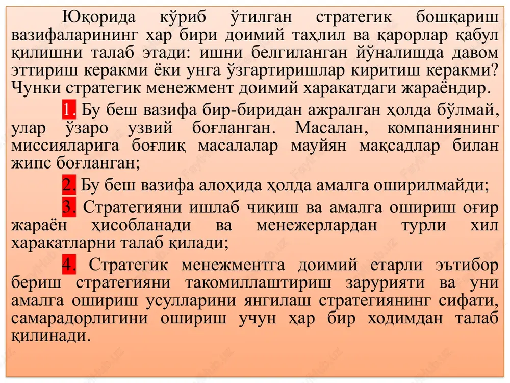 ti va energiyasini boshqara olishlari 1 2 yaxshi siyosatchi bo'lishlari ekspertlarga o'xshab «bir narsaga yopishib olmasliklari» 3 4 ko'p narsadan xabardor bo'lish boshqaruvning turli pog'onalarida keng ko'lamli boshqaruv qarorlarini qabul qila olishga imkon beradi. menejerlar tashkilotning turli qismlarida axborot manbalari tarmog'ini tashkil qilishlari kerak, bu ularga operativ voqelikdan xabardor bo'lib turishga imkon beradi. dasturni xususiy yo'nalishlarda ilgari sura olishlari lozim 5 ular o'z vaqti va energiyasini turli ishlar, qarorlar va muammolar o'rtasida to'g'ri taqsimlay olishlari kerak. ular qachon javobgarlikni taqsimlash kerakligi, qaysi paytda esa xususiy muammolarga aralashish kerakligini bilishlari lozim. yaxshi siyosatchi o'z obro'si bilan ilgari surish uchun bosim ko'rsatmasligi kerak. u diktator emas, balki shu korxonaning a'zosi yoki raxbari sifatida ish tutishi lozim. o'zgaruvchan dunyo strategik menejerdan moslashuvchanlikni talab qiladi. u vujudga kelgan vaziyatga moslashishga tayyor turishi kerak. bu esa firma ma'lum bir maqsadlarsiz ish tutsa-da, biroq ularni o'zgartirishga tayyor turishi kerakligini anglatadi. 1.3. strategik rejalashtirish va uning afzalliklari …
