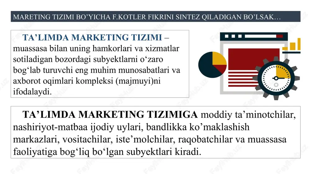 ha marketing; eksport marketingi; import marketingi; ilmiy texnik marketing; to'g'ridan-to'g'ri mablag' (investitsiya) kiritish marketingi; xalqaro marketing; notijorat faoliyati sohasidagi marketing; ijtimoiy g'oyalar marketingi; marketingni tashkil etish - marketing xizmatini boshqaradigan idoralarning tashkiliy ko'rinishi bo'lib, u yoki bu topshiriqni bajarish uchun bo'ysunishni va javobgarlikni belgilaydi. marketingni tashkil qilish - korxonada bir necha yo'nalishda amalga oshirilishi mumkin: 1. funksional-bunda javobgarlik taqsimot, sotish, ta‘minot va tovar harakatini tashkil qilish doiralariga tushadi. 2. tovarlar tamoyili bo'yicha tashkil etish. unda funksional tamoyillarga, yana bir tovar markasi uchun boshqaruvchilar qo'shiladi. 3. bozor tamoyili bo'yicha tashkil etish. unda funksional tamoyillariga, yana bir qo'shimcha, ya‘ni hudud bozorlari va iste‘molchilar turi bo'yicha boshqaruvchilar qo'shiladi. marketingni boshqarish – marketing faoliyatini amalga oshirish uchun zarur bo'lgan barcha moddiy, moliyaviy, me‘yoriy va boshqa resurslarning majmui bo'lib, uni amalga oshirish jarayonida barcha xodimlar faoliyatini bir maqsadga yo'naltirish, uyushtirish va muvofiqlashtirishdan iboratdir. bunda iqtisodiy, texnikaviy va boshqa qonunlardan ongli ravishda foydalaniladi. bu faoliyat marketologlardan …