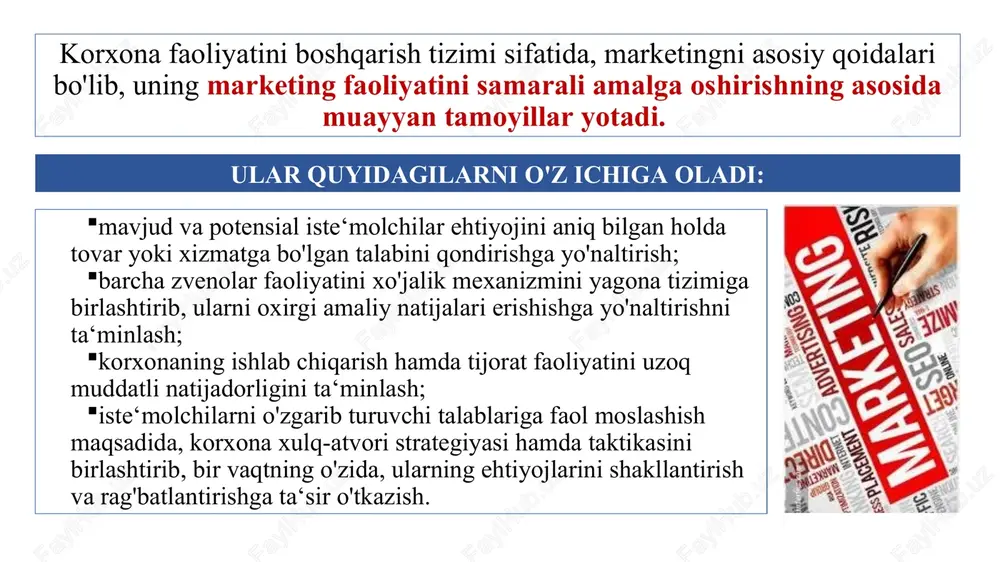 an bozorni birlamchi ekanligini eslash;  talab va taklifni balanslashtirish maqsadida rejalarni tarmoqlararo korrdinatsiyalash va o'zaro ta‘sirini ushlab turish;  tovar bozori yoki firma imiji (obro'yi) va raqobatli ustunlikni qidirish va shakllantirish jarayonida aniq holatda agressivlikka, hujumkorlikka, faollikka intilish, umumiy holda marketingning asosiy tamoyillari – bu bozorni bilish, unga moslashish va bozorga ta‘sir o'tkazishdan iborat. marketingning mohiyati va maqsadlaridan quyidagicha asosiy tamoyillari kelib chiqadi:  iste‘molchilarga yo'naltirilgan tamoyil, ya‘ni iste‘molchi shohdir;  istiqbolga yo'naltirilgan tamoyili, ya‘ni sub‘ekt faoliyati istiqbolga yo'naltirilgan bo'lishi zarur;  pirovard ko'rsatkichga erishishga yo'naltirilgan tamoyili, ya‘ni bozor ulushini, foydani oshishi va hokazolar. quyidagi talab darajasi va unga mos keluvchi marketing strategiyasini ko'rib chiqamiz. 1. salbiy talab. agar xaridorlarning ko'pchilik qismi tovarni qabul qilmasa va undan qochsa, bozor salbiy talab vaziyatida bo'ladi. marketing xizmatlarining vazifasi - nima uchun bozor tovarni qabul qilmayapti, marketing dasturi tovarlarni mukammallashtirish orqali, narxlarni pasaytirish orqali tovarga bo'lgan qarashlarni o'zgartirish mumkinligini tahlil qilish va …