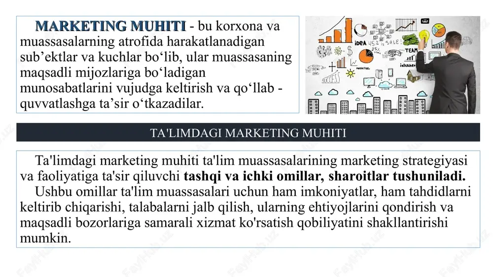 b, ular quyidagilardan iborat ta’lim xizmatlarining narxlar darajasi va moliyaviy qulaylik iqtisodiy sharoitlar va talab mehnat bozori va sanoat tendentsiyalari moliyalashtirish va resurslarni taqsimlash xulosa ta'lim muassasalarining marketing muhitiga iqtisodiy omillar sezilarli ta'sir ko'rsatadi. qulay narxlar, iqtisodiy sharoitlar, mehnat bozori tendentsiyalari va moliyalashtirish masalalari ta'lim muassasalarining marketing strategiyalari va faoliyatini shakllantiradi. iqtisodiy tebranishlarga moslashish va bo'lajak talabalarning moliyaviy ehtiyojlarini qondirish ta'lim sohasida muvaffaqiyatli marketing uchun juda muhimdir. toshkent shahridagi xususiy maktablar haqidagi ma’lumotlar– ularning narxi va faoliyat tartibi al beruniy international school 1-sinfdan 11-sinfgacha bo'lgan ta'lim maktabi. darslar 8:30 dan 16:30 gacha davom etadi. uch mahal ovqatlanish – oyiga 600 000 so‘m. international school oyiga 5 875 000 so’m akademiya oyiga 6 250 000 so’m rus maktabi oyiga 5 000 000 so’m bek school future education boshlang’ich to’lov 4 000 000 so'm barcha sinflar uchun oyiga 5 000 000 so'm best school boshlang'ich sinflar uchun oyiga 4 500 000 so'm …
