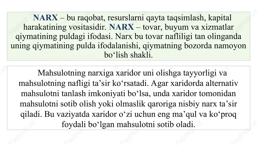 hkilotlar o‘z mahsulotlarini sotadigan narxlar. ulgurji narxlar qishloq xo‘jaligi va sanoat mahsulotini ishlab chiqarishda va muomalasida sarf bo‘lgan xarajatlardan va korxona bilan tashkilotlarining sotish foydasidan tashkil topadi. barcha korxonalar odatda har qanday tovarlarni ulgurji narxlarda xarid qiladilar. ulgurji narxlar xo‘jalik hisobini mustahkamlashga, korxonalarning rentabelli ishlashiga ham xizmat qiladi. – tovar va xizmatlarning ulgurji narxlari - bu preyskurant narxlardir. bir xil davlat va kooperatsiya korxonalari o‘z mahsulotlarini boshqa davlat va kooperatsiya korxonalari, tashkilotlariga ana shu preyskurant narxlarida sotadilar. ular nominal narx, deb ham ataladi. bunday narxlar ba’zis narx hamdir. – yangi ulgurji narxlar tarmoqlarga ishlab chiqarish xarajatlarini to‘la hisobga olish va normal foyda ko‘rish imkonini beradi. 1. franko-mahsulot yetkazib beruvchining ombor narxlarida mahsulotni yetkazib beruvchi omboridan to iste’molchi omboriga yetkazib berishgacha bo‘lgan barcha transport va yuk tashish-tushirish xarajatlarini iste’molchi (yukni qabul qilib oluvchi) ko‘taradi. mahsulot yetkazib beruvchi esa bu xarajatlardan ozod bo‘ladi. franko-mahsulot yetkazib beruvchi omborining ulgurji narxlari keng qo‘llaniladi. mahalliy …