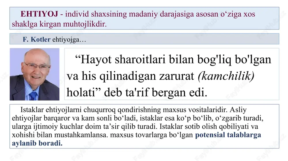 ta’sirga ega bo‘ladi. “yangilik, ayniqsa i hayron qoldirsa, o'zgartirib yuborsa, noaniqlik, betartiblik, tarqoqlik hamda kutilayotgan bilan yuz berayotgan holat o'rtasida farq hosil qilsa, rag'batlantiradi va quvontiradi”. yangi hodisaning kutilganda sodir bo‘lishi dinamik ta’sirga ega bo'ladi va shunga mos xatti-harakatlarga sabab bo‘ladi. ammo, yangi va ajoyib narsaning faqat ma’lum darajagacha jalb qiluvchan bo‘lishini, shundan so‘ng uning yoqimsiz va qo‘rqinchli bo‘lib qolishini ham aytib o'tish lozim. jalb qiluvchanlik avvaliga kuchayib boradi, so‘ngra yangilik darajasiga mos ravishda susayib ketadi. bu nisbat teskari u-shaklidagi egri chiziq ko‘rinishida ifodalanishi mumkin. ko‘rsatilgan bu egri chiziq vundt egri chizig‘i nomi bilan ham mashhurdir. yetarlicha yangi va ajoyib bo‘lmagan narsa zerikarli bo‘ladi, haddan tashqari yangi narsa kishini cho‘chitadi. yangilikning o‘rtacha darajada bo‘lgani ma’quldir. vundt egri chizig‘i engel egri chizig‘i tovarlarning qiyosiy tavsifnomalari tufayli vujudga kelgan rag‘batlantirish tovarlar siyosatini ishlab chiqish, segmentlash va pozitsiyalash, kommunikatsiya va siljtish kabi katta qismi bu kutilayotgan ehtiyojlarning qondirilishiga qaratilgandir. yaxshimi, yomonmi - har …