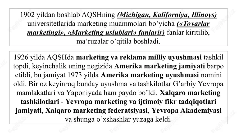 oshirish. jamoatchilik bilan aloqalar: ijobiy reklama yaratish uchun ommaviy axborot vositalari bilan ishlash, press-relizlarni nashr etish va intervyularda qatnashish. ta'lim tashkiloti uchun marketing strategiyasini ishlab chiqish marketing aralashmasining elementlari kontekstida amalga oshiriladi, xususan: xizmatlar strategiyasi; narx strategiyasi; sotish strategiyasi; rag'batlantirish strategiyasi. oxsford universiteti rasmiy sayiti kembridj universiteti rasmiy sayiti 3. ta'limda bozor segmentatsiyasi: bozor segmentatsiyasi ta'lim tizimida marketingning muhim jihati hisoblanadi. bu maqsadli auditoriyani yoshi, ma'lumot darajasi, qiziqishlari va geografik joylashuvi kabi xususiyatlarga qarab alohida guruhlarga bo'lishni o'z ichiga oladi. ushbu segmentatsiya institutlarga marketing xabarlari va strategiyalarini muayyan segmentlarga moslashtirishga yordam beradi, dolzarbligi va samaradorligini ta'minlaydi. 4. ta'lim marketingida texnologiyaning roli: ta'lim marketingida texnologiya muhim rol o'ynaydi. bu muassasalarga kengroq auditoriyani jalb qilish, bo'lajak talabalar bilan muloqot qilish va marketing kampaniyalari samaradorligini kuzatish imkonini beradi. ta'limdagi ba'zi texnologiyalarga asoslangan marketing faoliyatiga quyidagilar kiradi: veb-sayt va ilovalarni ishlab chiqish: ma'lumot berish, dasturlarni namoyish qilish va onlayn dasturlarni osonlashtirish uchun foydalanuvchilarga qulay …