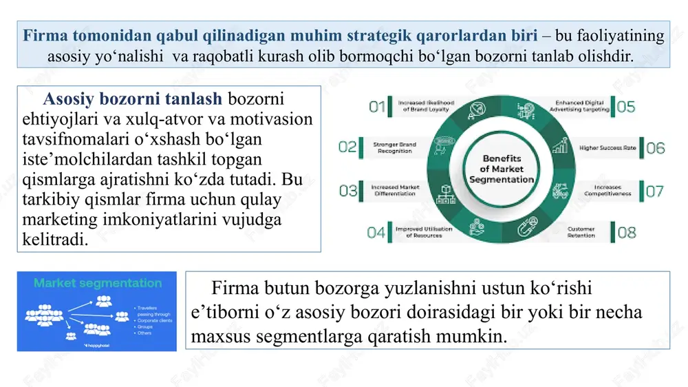 di? bozorni qanday segmentlarga bo'lish mumkin (masalan, geolokatsiya, demografiya, mahsulot yoki xizmat turlari)? bozorning umumiy o‘lchami va potentsiali qanday? 2. bozorning ishtirokchilari: bozor tovar va xizmatlarni qanday taqsimlaydi? yangi mahsulotlar yoki xizmatlar qanday kirib keladi va raqobat qanday boshqariladi? foyda olish va narxlarni qanday belgilash jarayonlari mavjud? 3. bozorning funksiyalari: bozorni klassifikatsiya qilish (masalan, monopoliyalar, oligopoliya, raqobatbardosh bozor va hokazo). bozorning dinamikasi va o‘zgaruvchanligi qanday? bozorga ta’sir etuvchi iqtisodiy omillar nimalardan iborat (inflyatsiya, ishlab chiqarish resurslari, mehnat bozorining holati)? ijtimoiy omillar bozorni qanday shakllantiradi (madaniyat, xulq-atvor, talablar)? 4. iqtisodiy va ijtimoiy faktorlar: 5. bozor turlari: asosiy bozorni konseptualizatsiyalash. eybellning fikricha, asosiy bozor quyidagi uch mezon bo‘yicha ta’riflanishi mumkin: buni uch o‘lchamli tizim ko‘rinishida tasvirlash mumkin. asosiy bozorning tuzilishi. bayon etilgan yondashuvdan foydalangan holda biz uch xil tuzilmalarni: - “tovar bozori”, “bozor” va “sanoat tarmog‘i”ni farqlay olamiz. tovar bozori - iste’molchilar guruhi va muayyan texnologiyaga asoslangan funksiyalar majmuasining kesishmasida joylashgan; sanoat …