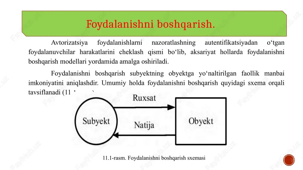 kafolatlangan markazlashgan siyosatni belgilashga imkon beradi. mac usulida foydalanishni boshqarish subyektlar va obyektlarni tasniflashga asoslanadi. tizimning har bir subyekti va obyekti bir nechta xavfsizlik darajasiga ega bo‘ladi. obyektning xavfsizlik darajasi tashkilotda obyektning muhimlik darajasi bilan yoki yo‘qolgan taqdirda keltiradigan zarar miqdori bilan xarakterlanadi. subyektning xavfsizlik darajasi esa unga ishonish darajasi bilan belgilanadi. misol: “mutlaqo maxfly” (mm), “maxfly” (m), “konfidensial” (k) va “ochiq” (o) belgilar tayinlanadi. bu yerda, mm>m>k>0. agar obyekt va subyektning xavfsizlik bog‘liqlik darajalari orasidagi bir qancha shartlari bajarilsa, u holda subyekt obyektdan foydalanish huquqiga ega bo‘ladi. xususan, quyidagi shartlar bajarilish kerak (11.3-rasm): agar subyektning xavfsizlik darajasida obyektning xavfsizlik darajasi mavjud bo‘lsa, o‘qish uchun ruxsat beriladi; agar subyektning xavfsizlik darajasi obyektning xavfsizlik darajasida mavjud bo‘lsa, yozishga ruxsat beriladi. yuqorida keltirilgan modelni muvofiqligini shubha ostiga qo‘yadigan ikkita noaniq fikr mavjud: 1.quyi sathli foydalanuvchi barcha yuqori sathli obyektlarga yozishi mumkin. bu holda u o‘zining mavjud obyektini ham qayta yozishi mumkin va …