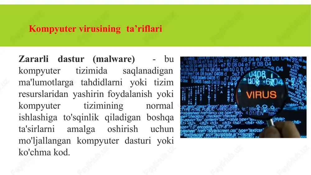 o‘tkazish. viruslarining bajarilish davri 1. virusni xotiraga yuklash virusni xotiraga yuklash operatsion tizim yordamida virus kiritilgan bajariluvchi obyekt bilan bir vaqtda amalga oshiriladi. oddiy holda, virusni yuklash jarayoni-diskdan operativ xotiraga nusxalash bo‘lib, so‘ngra boshqarish virus badani kodiga uzatiladi. bu harakatlar operatsion tizim tomonidan bajariladi, virusning o‘zi passiv holatda bo‘ladi. murakkabroq vazifalarda virus boshqarishni olganidan so‘ng o‘zining ishlashi uchun qo‘shimcha harakatlarni bajarishi mumkin. yuklanish bosqichida ba’zi viruslar himoyalanishni ta’minlash maqsadida yetarlicha murakkab algoritmdan foydalanadi. bunday murakkablashishga virus asosiy qismini shifrlashni kiritish mumkin. yuklanishda himolanish maqsadida virus ishlab chiquvchilar rasshifrovka qiluvchi kodni “mutatsiyalash” mexanizmidan foydalanadi. kodni mutatsiyalash mexanizmidan foydalanuvchi viruslar polimorf viruslar nomini olgan. viruslarining bajarilish davri 1. virusni xotiraga yuklash polimorf viruslar (polymorphic)-qiyin aniqlanadigan viruslar bo‘lib, signaturalarga ega emas, ya’ni tarkibida birorta ham kodining doimiy qismi yo‘q. polimorfizm faylli, yuklamali va makroviruslarda uchraydi. stels-algoritmlaridan foydalanadigan viruslar - stels-viruslar (stealth) deb yuritiladi . stels-algoritmlardan foydalanilganda viruslar o‘zlarini tizimda to‘la yoki qisman bekitishlari …